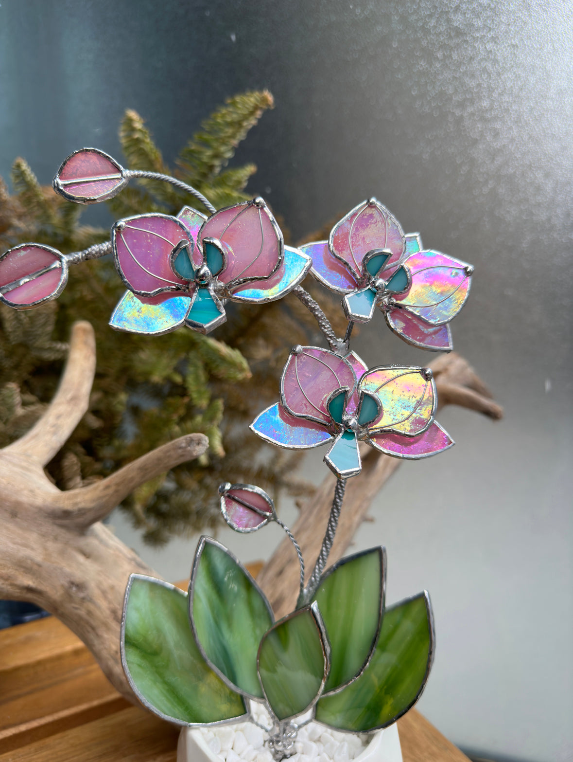 " . Candy Pink iridescent Orchid 3 flowers with pot” Stained glass tropical flower 3D, Sun catcher, Table plant, Garden stick, Outdoor and gardening decor