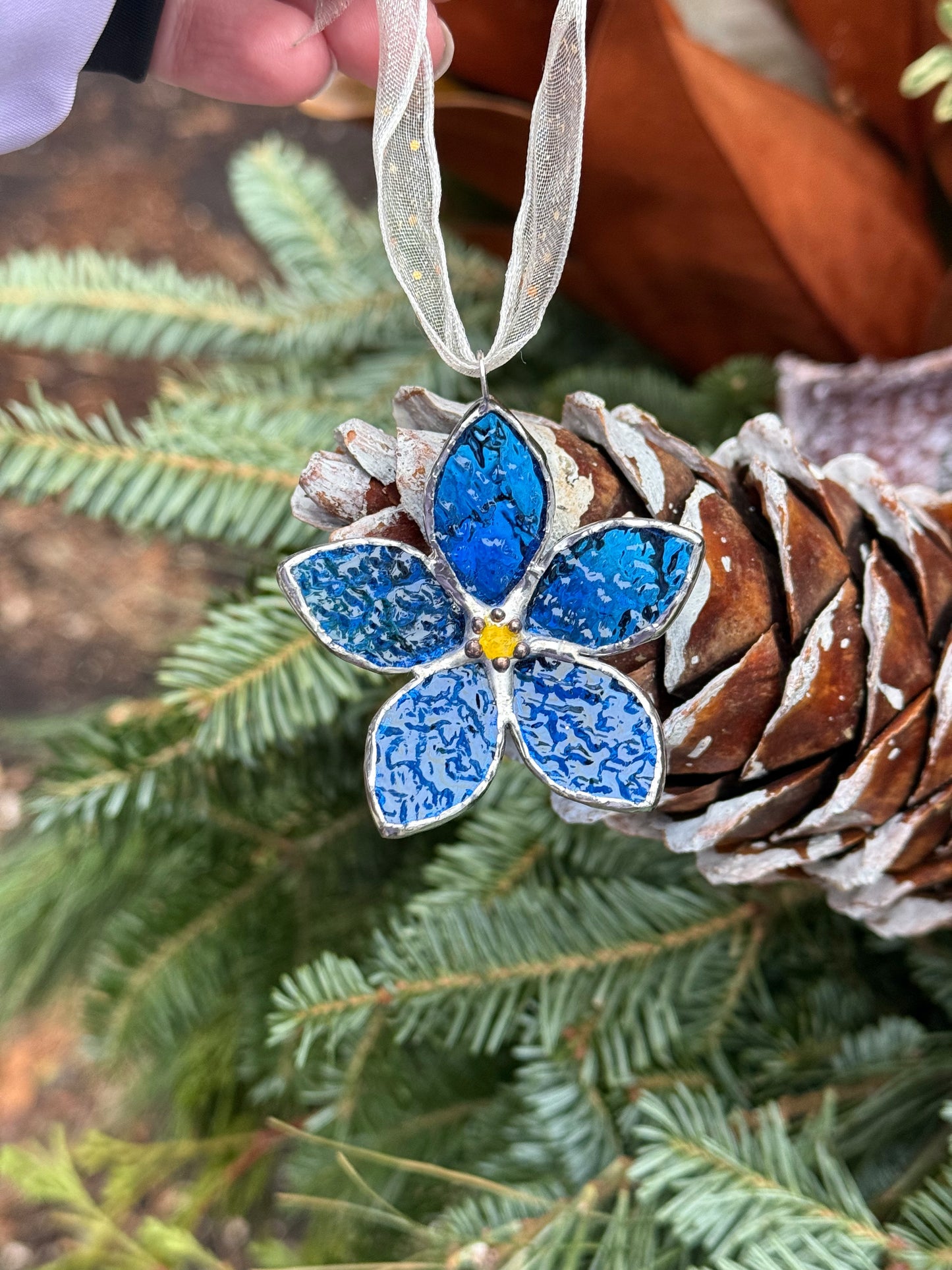 Forget Me Not Stained Glass Ornament Blue, Handmade Floral Suncatcher
