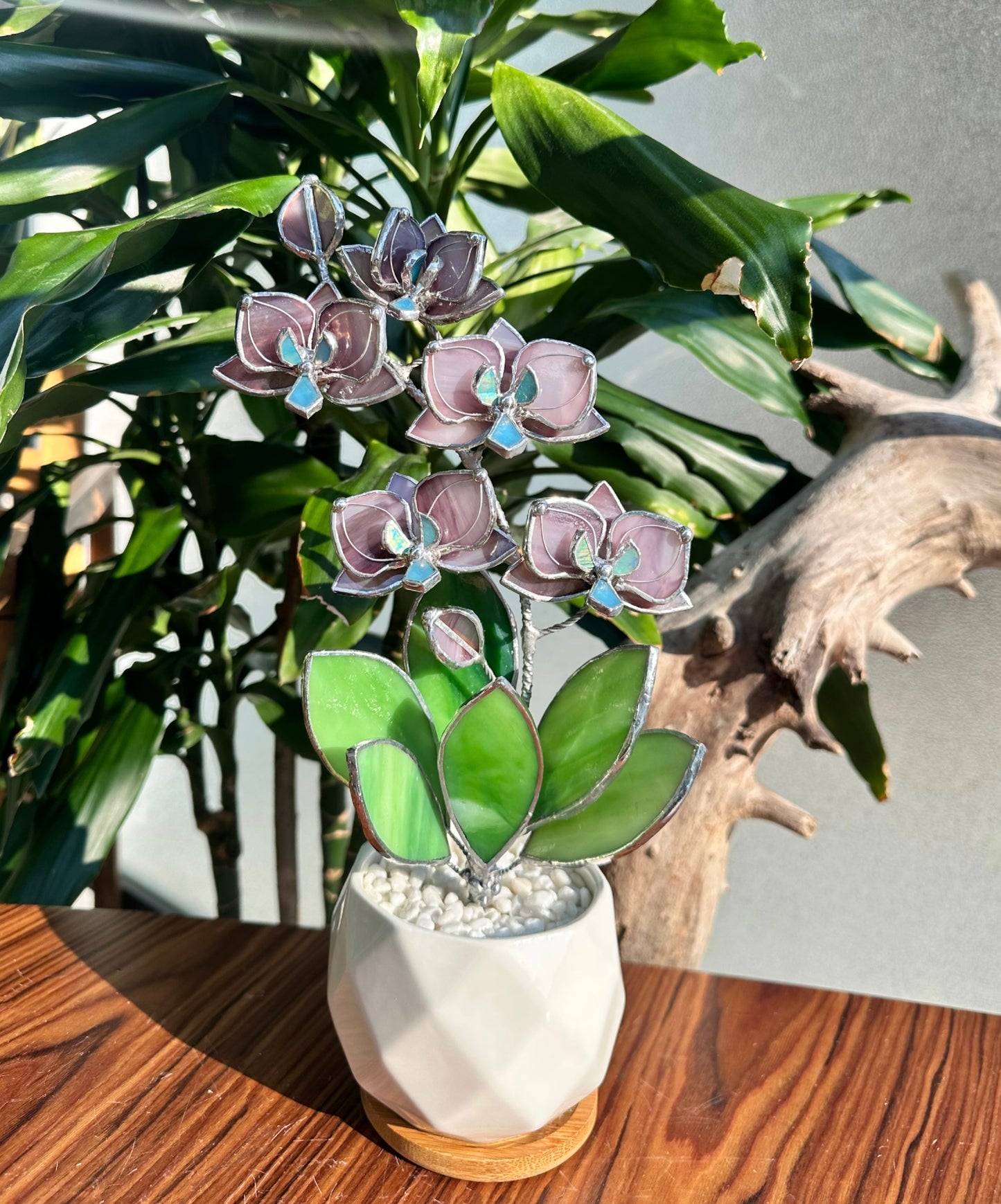 " . Dusty Rose Orchid М, 5 flowers with pot” Stained glass tropical flower 3D, Sun catcher, Table plant, Garden stick, Outdoor and gardening decor