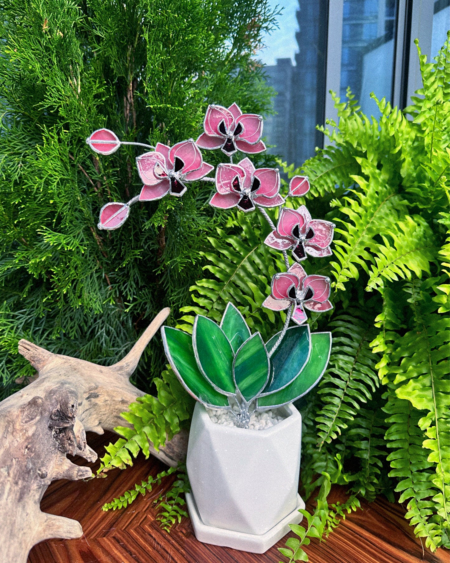 " .Baby Pink Orchid 5 flowers with pot" Stained glass tropical flower 3D, Sun catcher, Table plant, Garden stick, wedding decor, Christmas gift