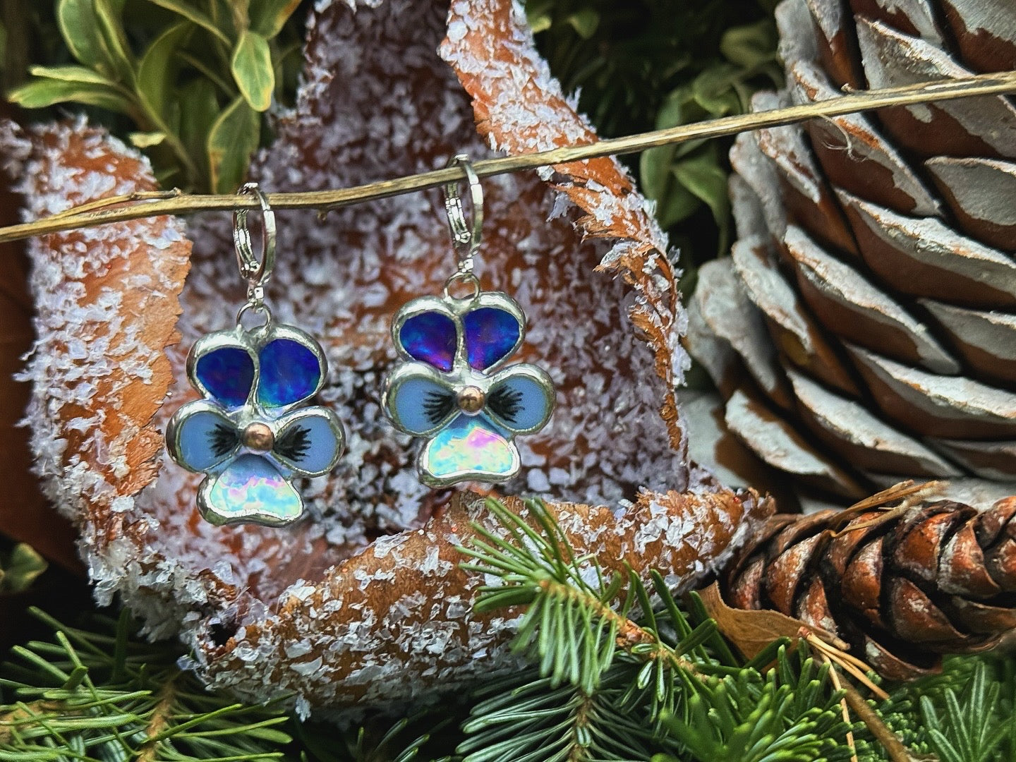 "  . Earrings Pansy flower Indigo iridescent” Stained glass modern floral art jewelry