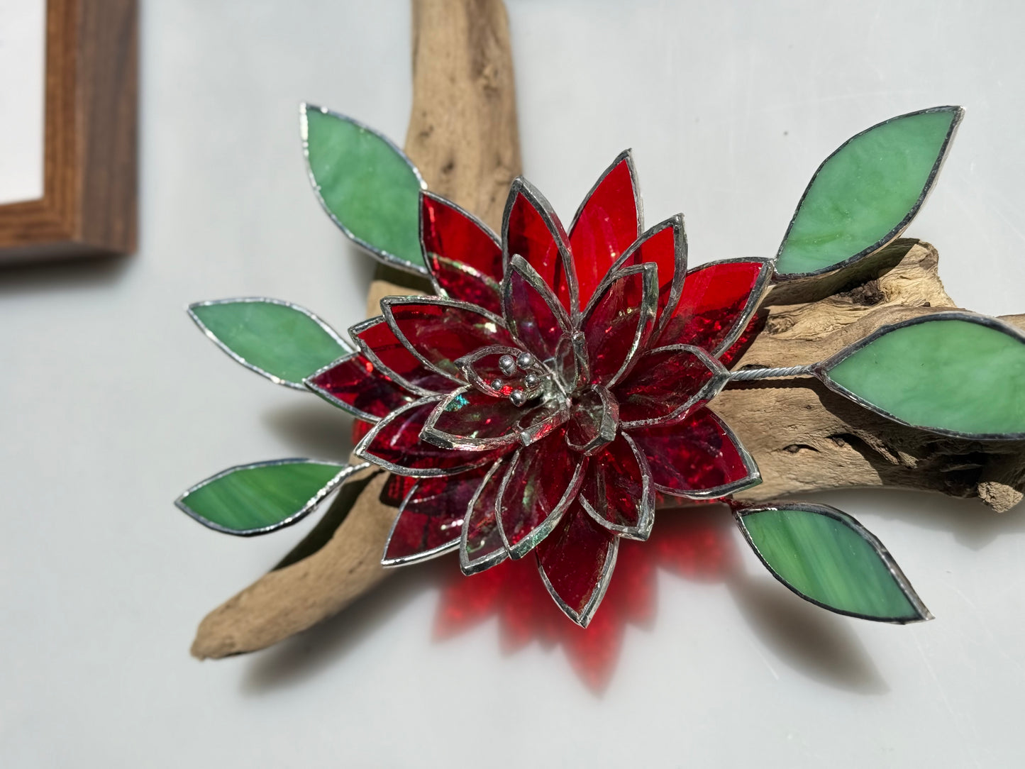 .Fire Flower Iridescent Stained Glass Driftwood Wall Decor Suncatcher