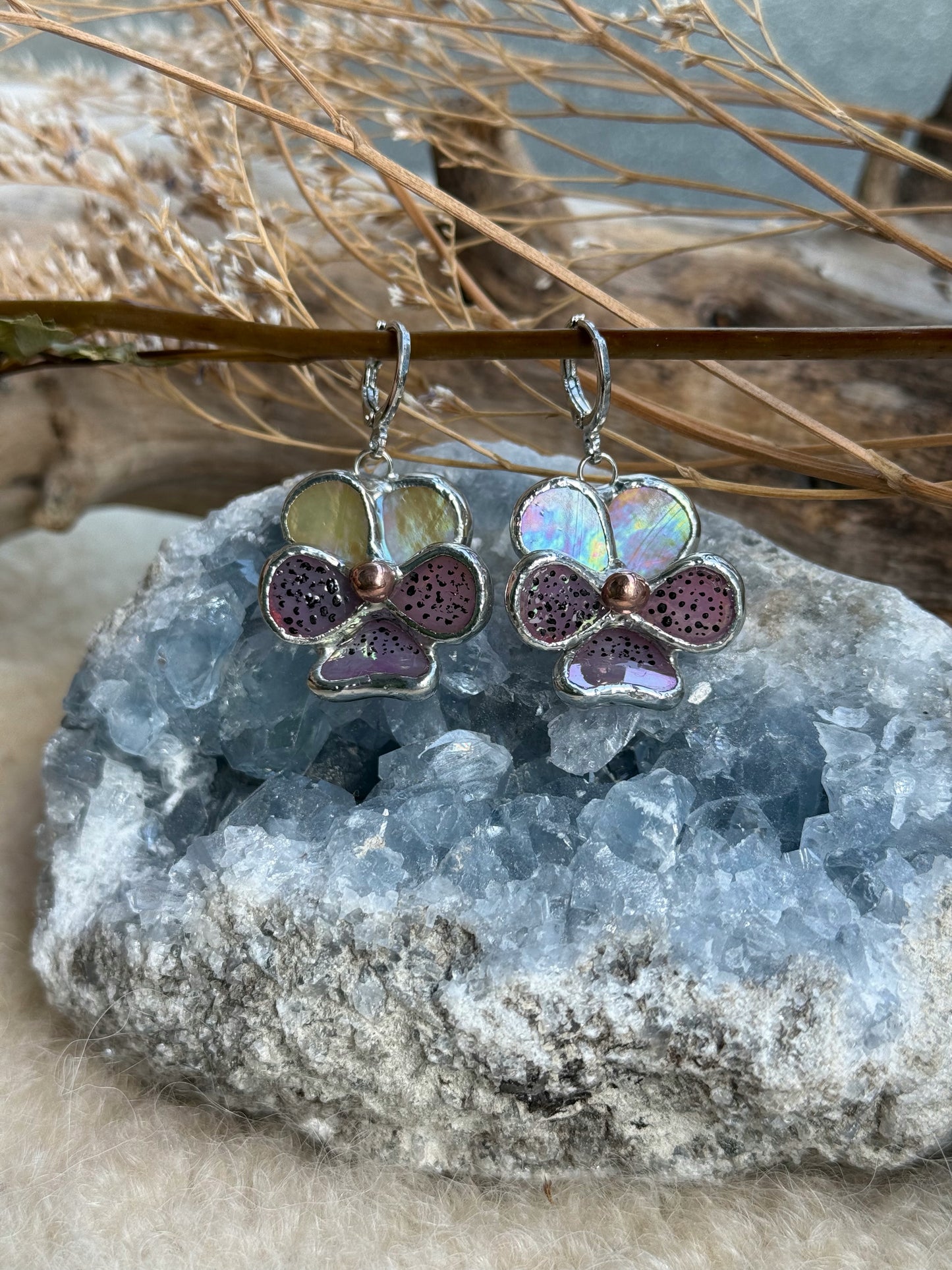 " . Earrings Pansy flower” Stained glass modern floral art jewelry