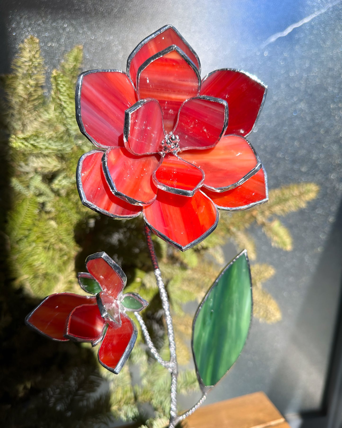 ".Magnolia Bright Red & Amber with bud" Stained glass tropical flower Suncatcher Iridescent 3D, Table plant cactus decor, Home Garden stake, Mother’s Day gift, Outdoor and gardening, pot