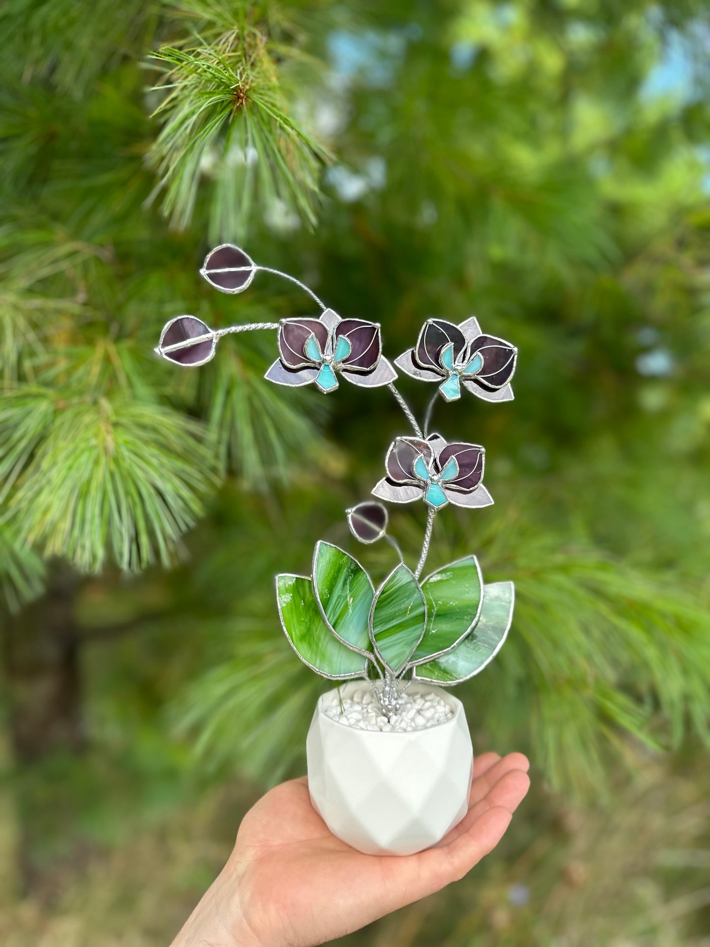 " . Elderberry Orchid 3 flowers with pot” Stained glass tropical flower 3D, Sun catcher, Table plant decor, Garden stick, Outdoor and gardening decor