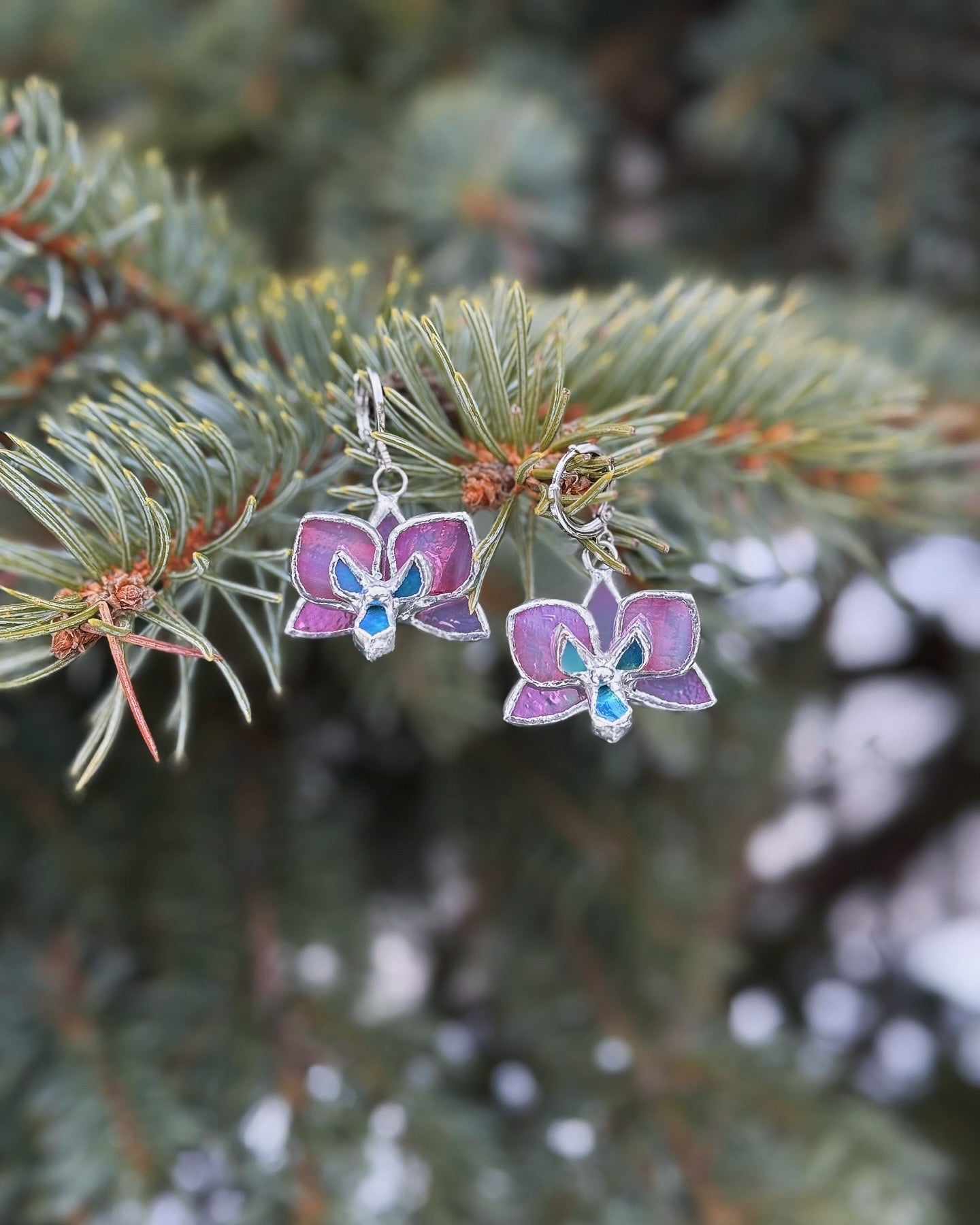 " . Earrings Orchid Candy Pink iridescent ” Stained glass tropical flower 3D, art jewelry necklace ring