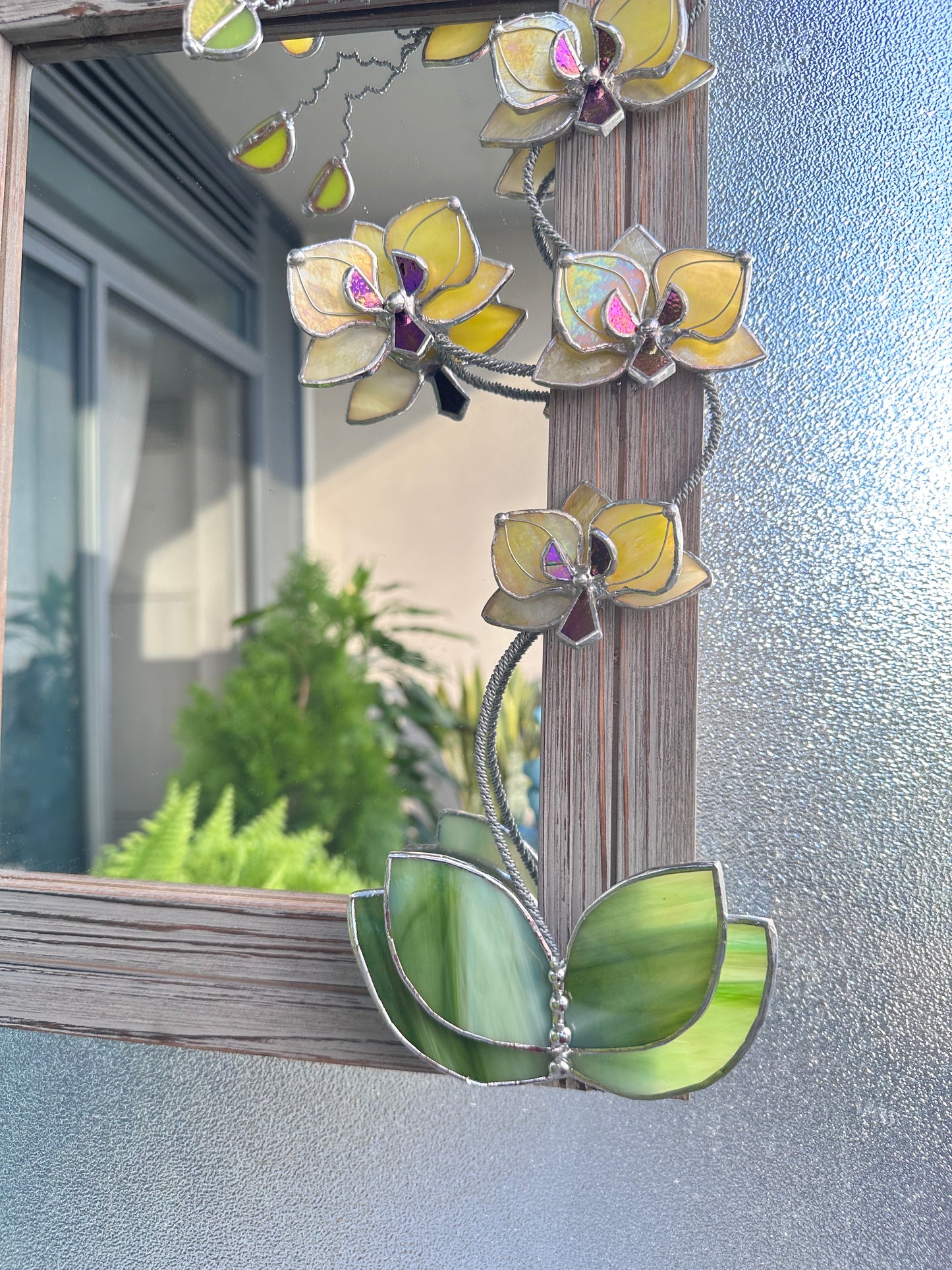 ". Blooming Orchid Yellow iridescent" Stained glass flower Mirror, Wall decor, Wedding, Christmas gift