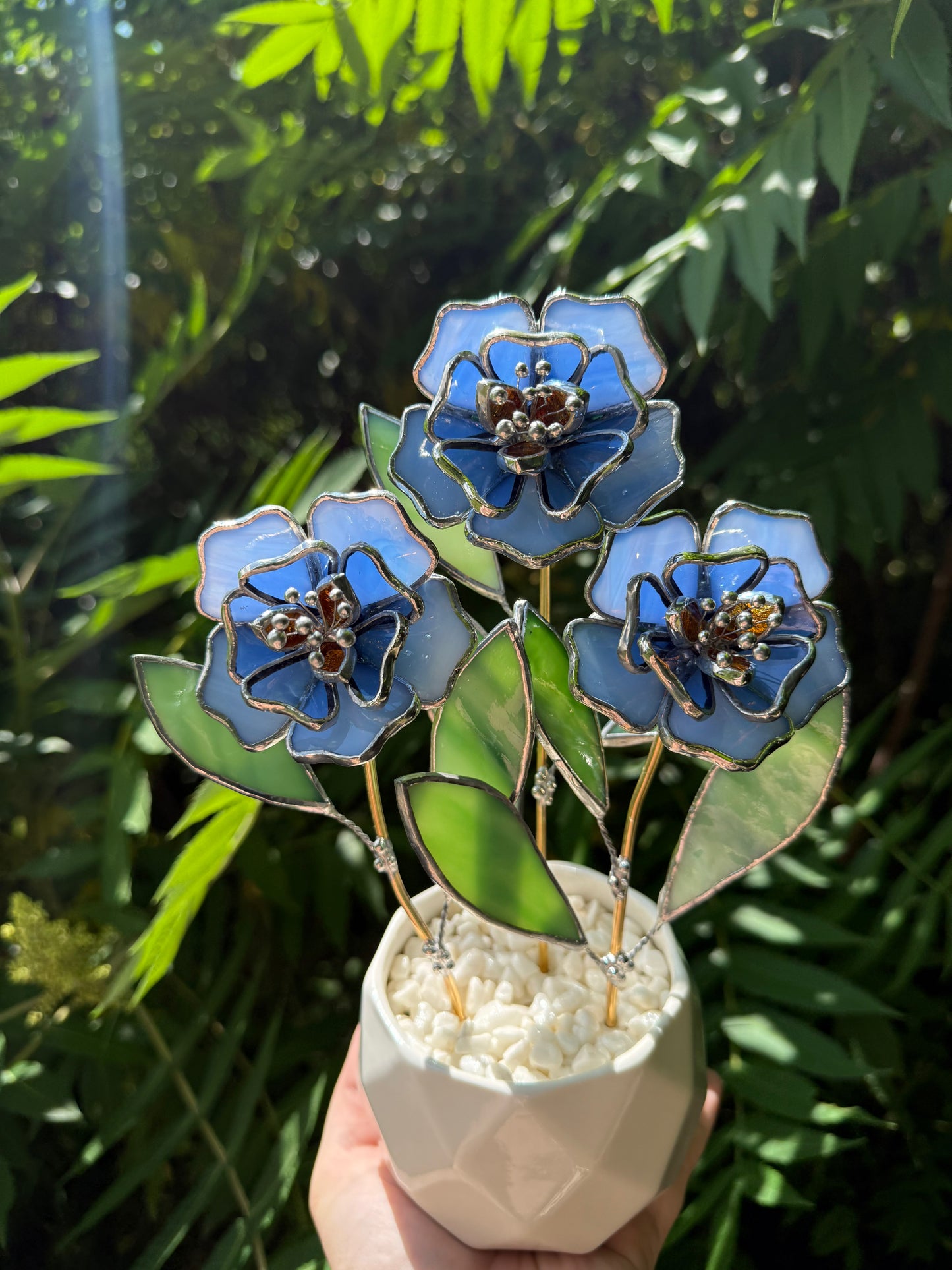 " . Blue Peonies 3 flowers in the pot", Stained glass tropical flower 3D, Sun catcher, Table plant decor, wedding Christmas gift