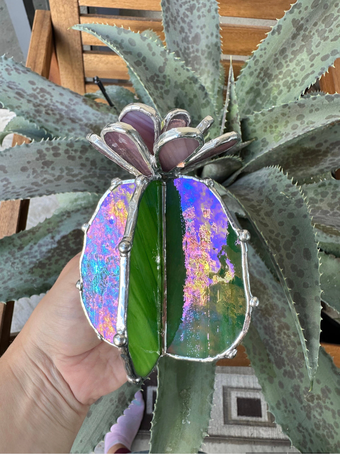 "Cactus XL Purple Green Iridescent Luminescent", Stained glass, Succulent 3D Cacti house plant for flower pot Sun catcher glass art wedding