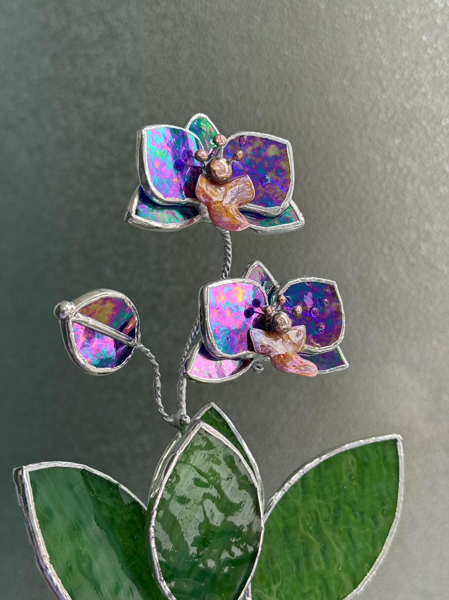 Orchid Indigo Stained Glass Artisan Flower, Botanical Table Decor