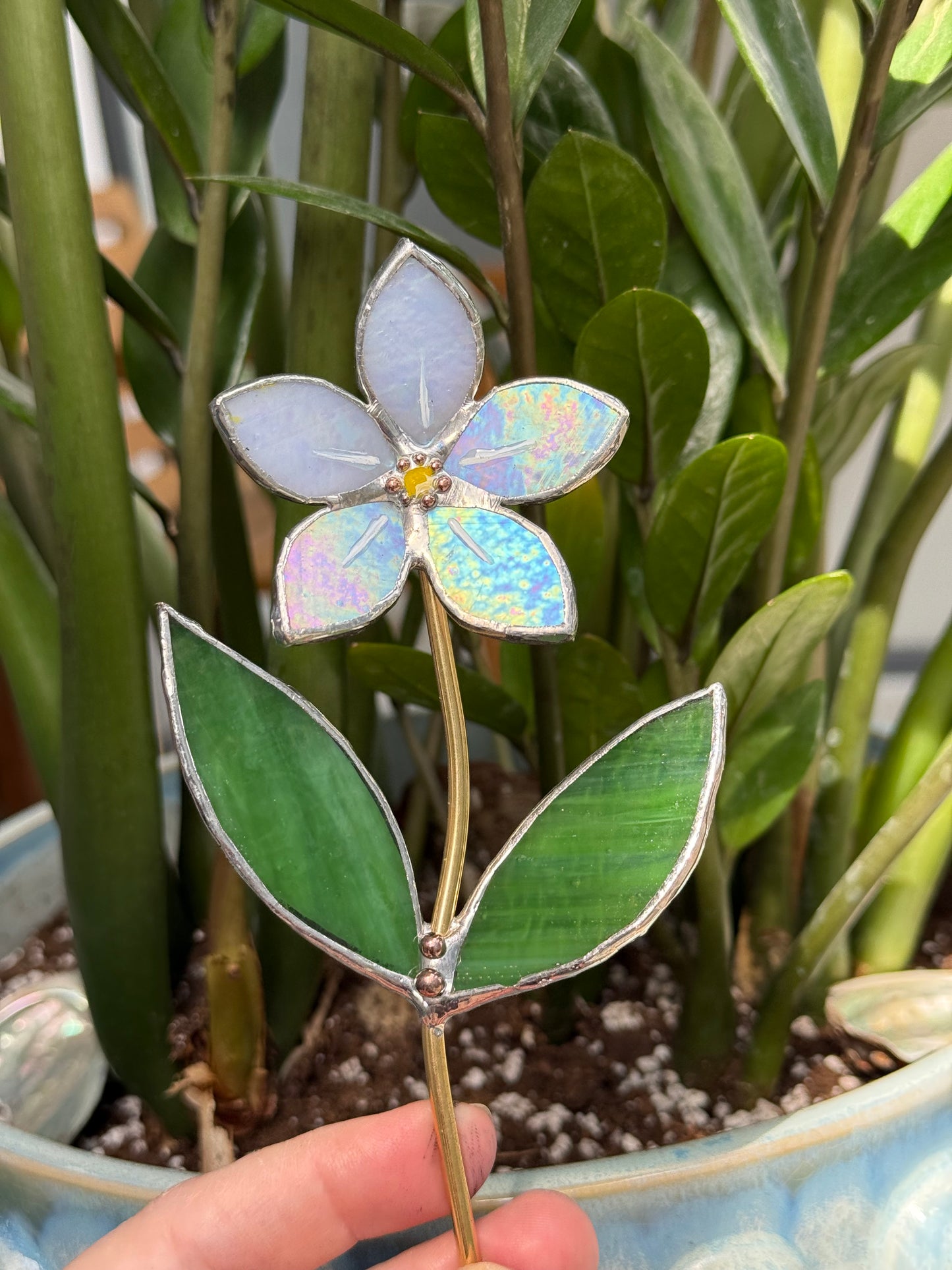 CHOOSE COLOR Forget Me Not Stained Glass Flower Stake for a Plant Pot, Handmade Suncatcher