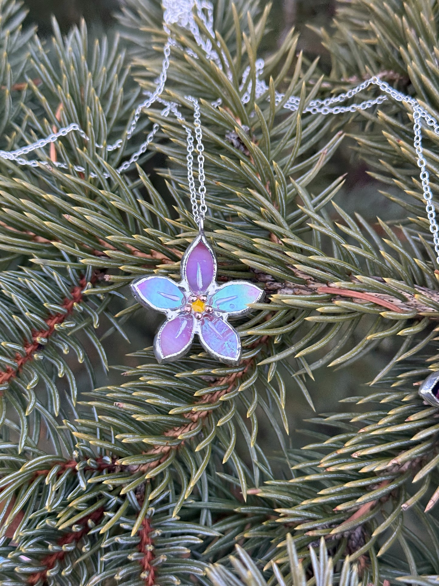 Forget Me Not Handmade Stained Glass Necklace Pink, Botanical Jewelry