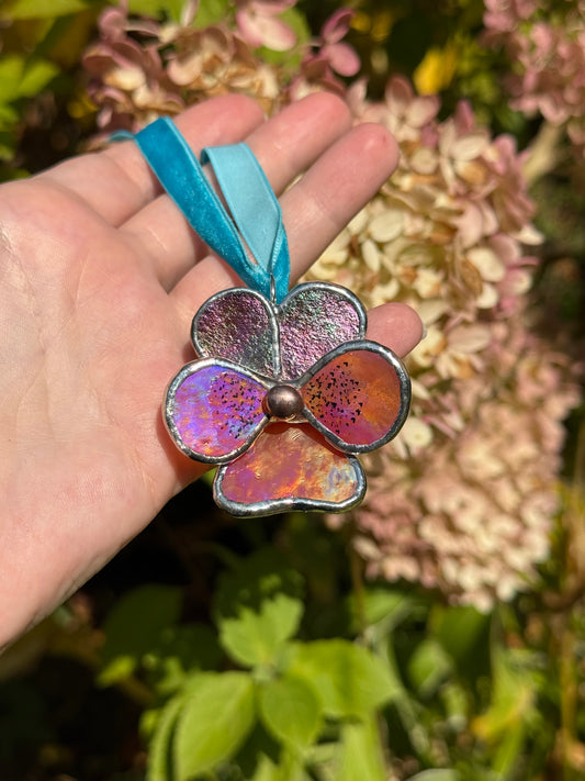 " . Pansy flower Mauve & Orange irid, Stained glass Decorative ORNAMENT, Christmas decoration, Suncatcher