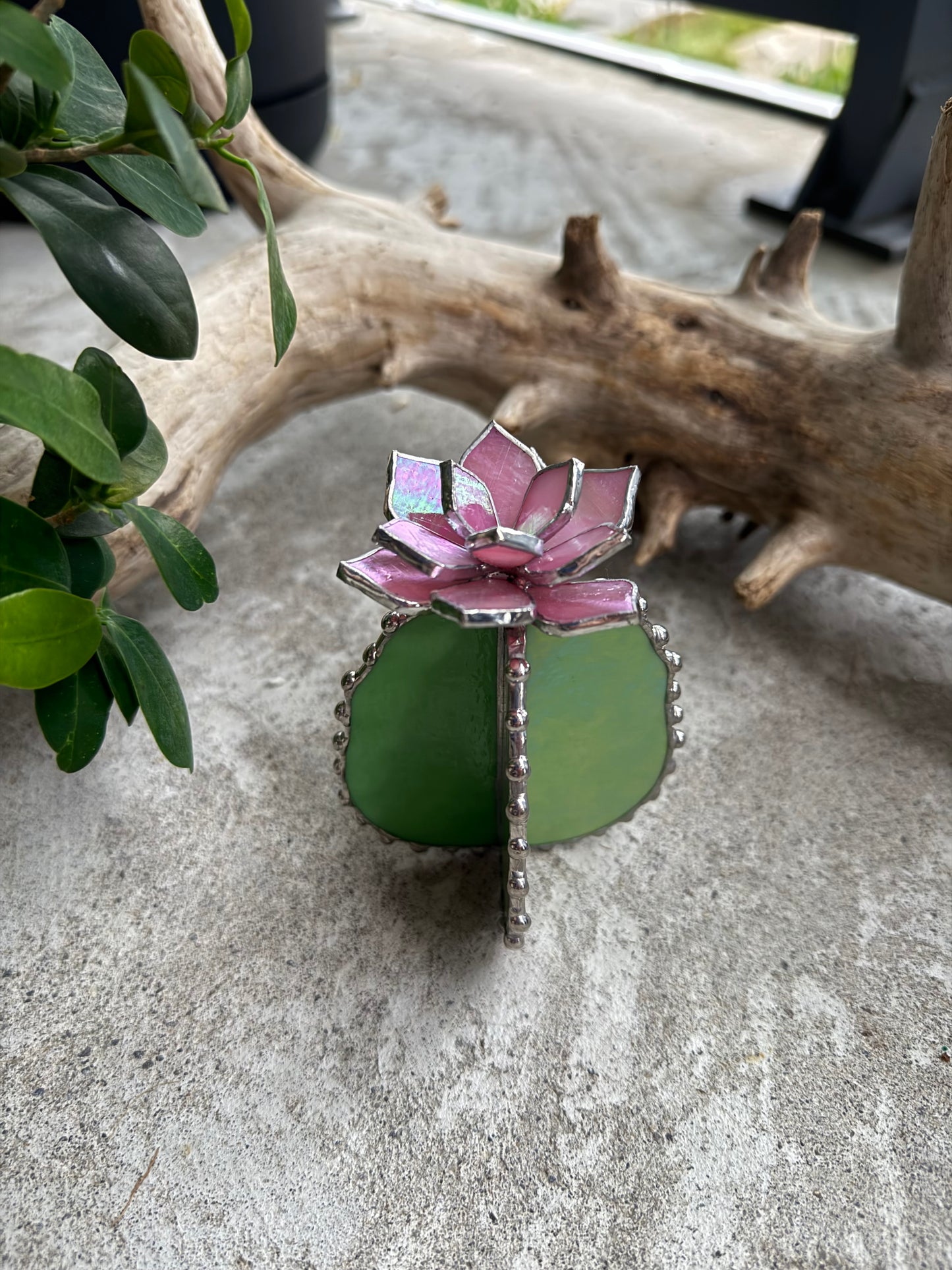 Cactus Pink iridescent Handmade 3D Stained Glass Decor Modern Art