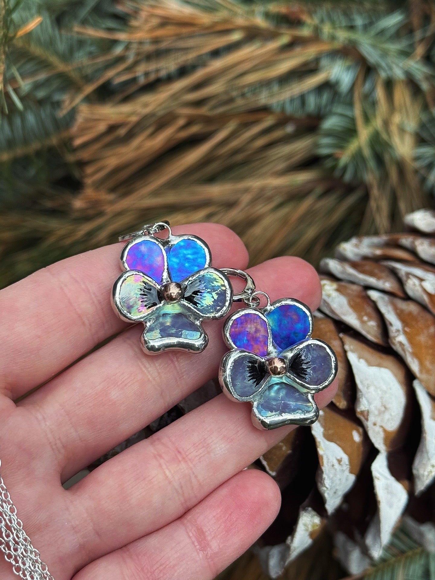 Pansy Earrings Indigo Lavender Handcrafted Stained glass Botanical Art Jewelry
