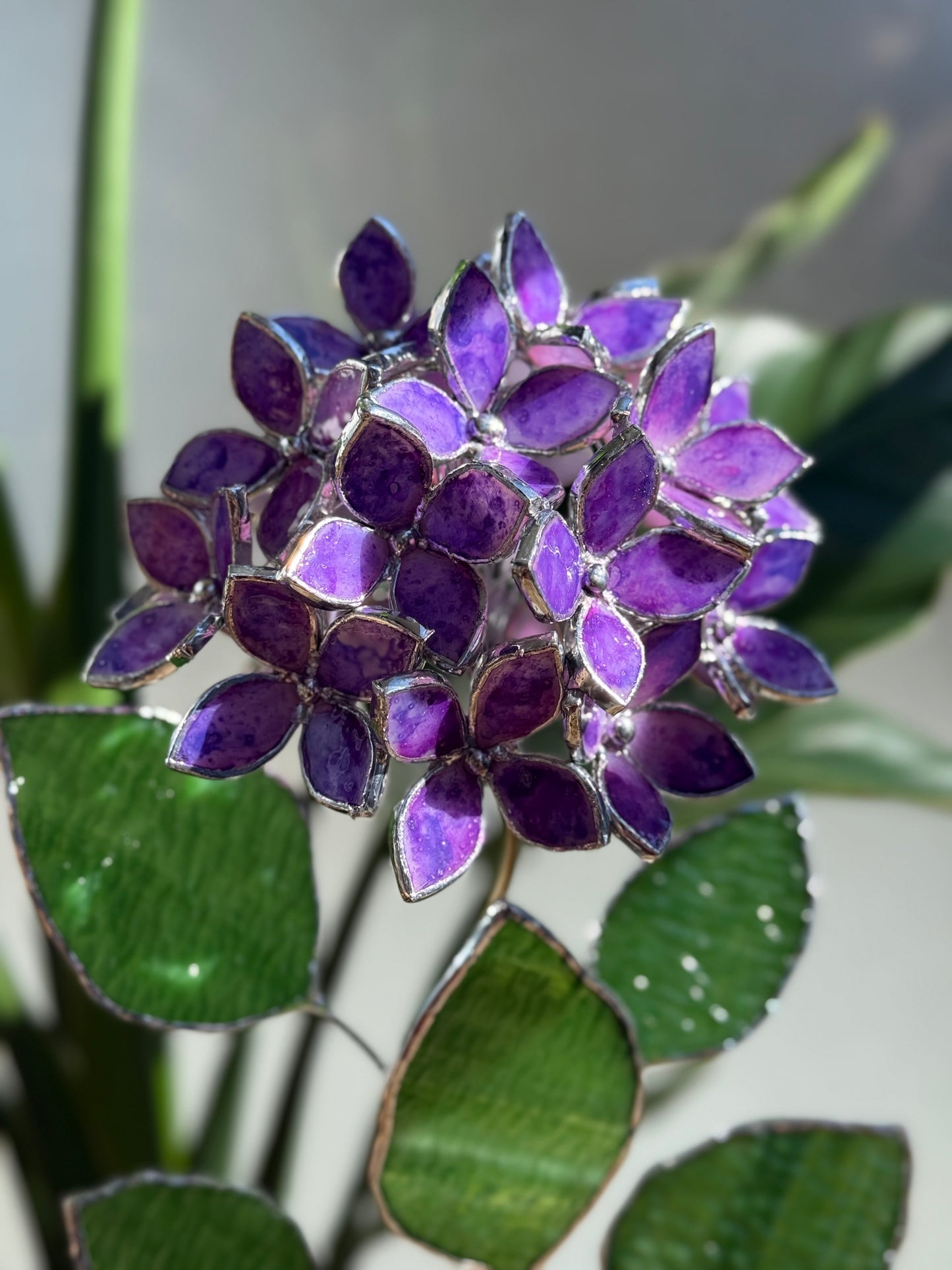 .Hand Painted Hydrangea Purple Stained glass Handcrafted Floral Home Decor