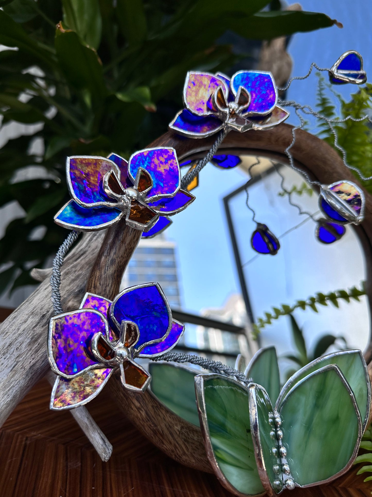 ". Amethyst gold luminescent Orchid Mirror”, Stained glass flower Wall decor, Suncatcher, Home wedding Decor, Christmas gift, available