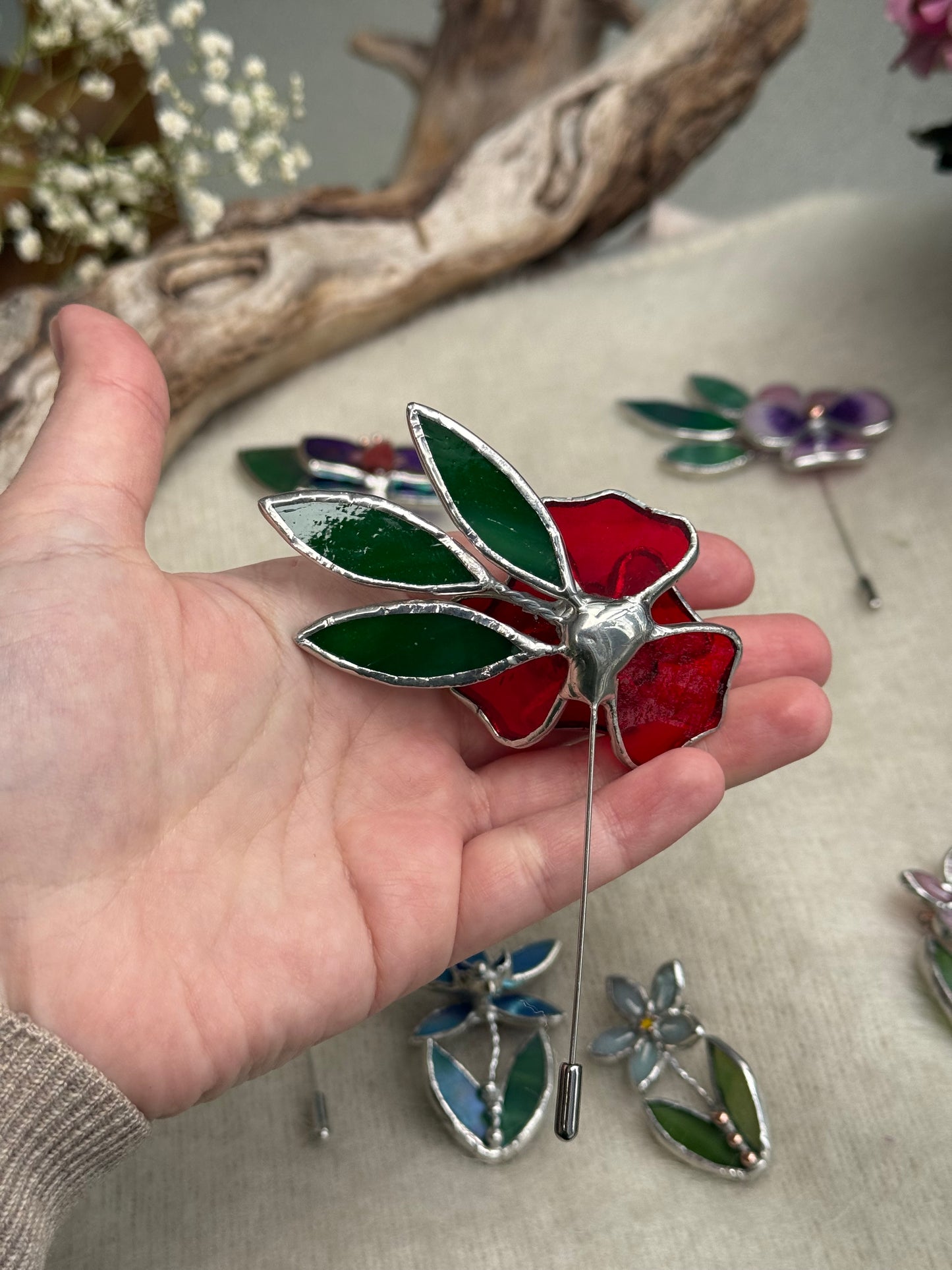Red Rose Brooch Statement Stained Glass Floral Pin, Modern Art Jewelry