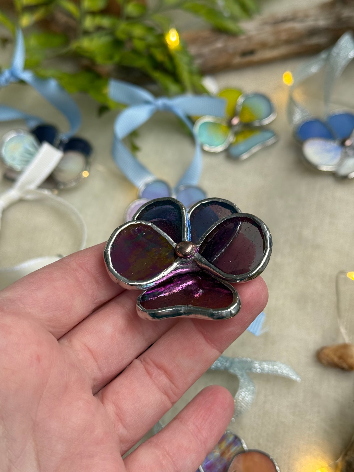 " . Pansy flower Plum irid transparent , Stained glass Decorative ORNAMENT, Christmas decoration, Suncatcher new