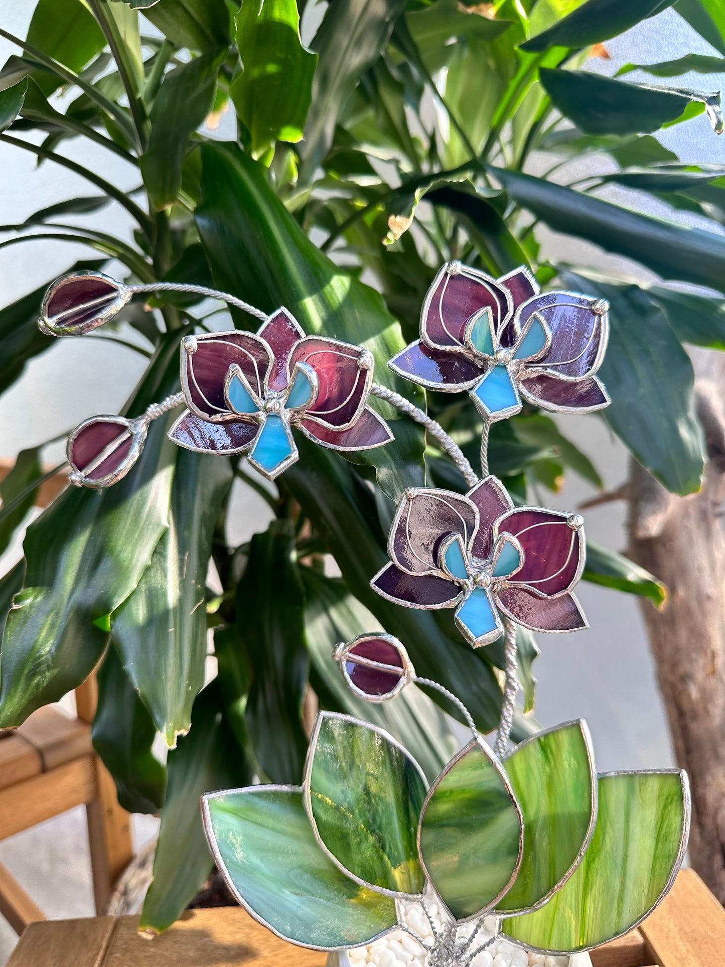 ". Reach Elderberry Orchid 3 flowers with pot” Stained glass tropical flower 3D, Sun catcher, Table plant decor, Garden stick, Outdoor and gardening decor