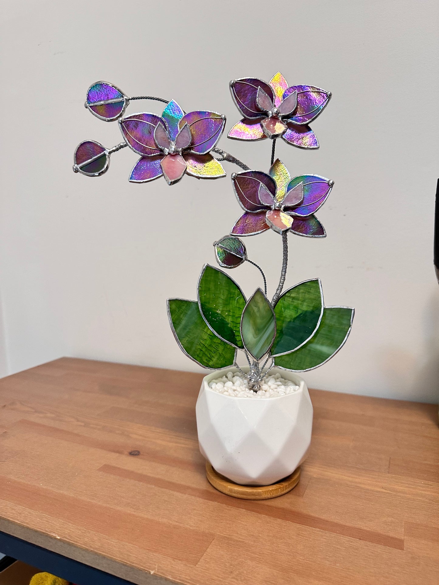 " . Mauve iridescent Butterfly Orchid 3 flowers with pot” Stained glass tropical flower 3D, Sun catcher, Table plant, Garden stick, Outdoor and gardening decor