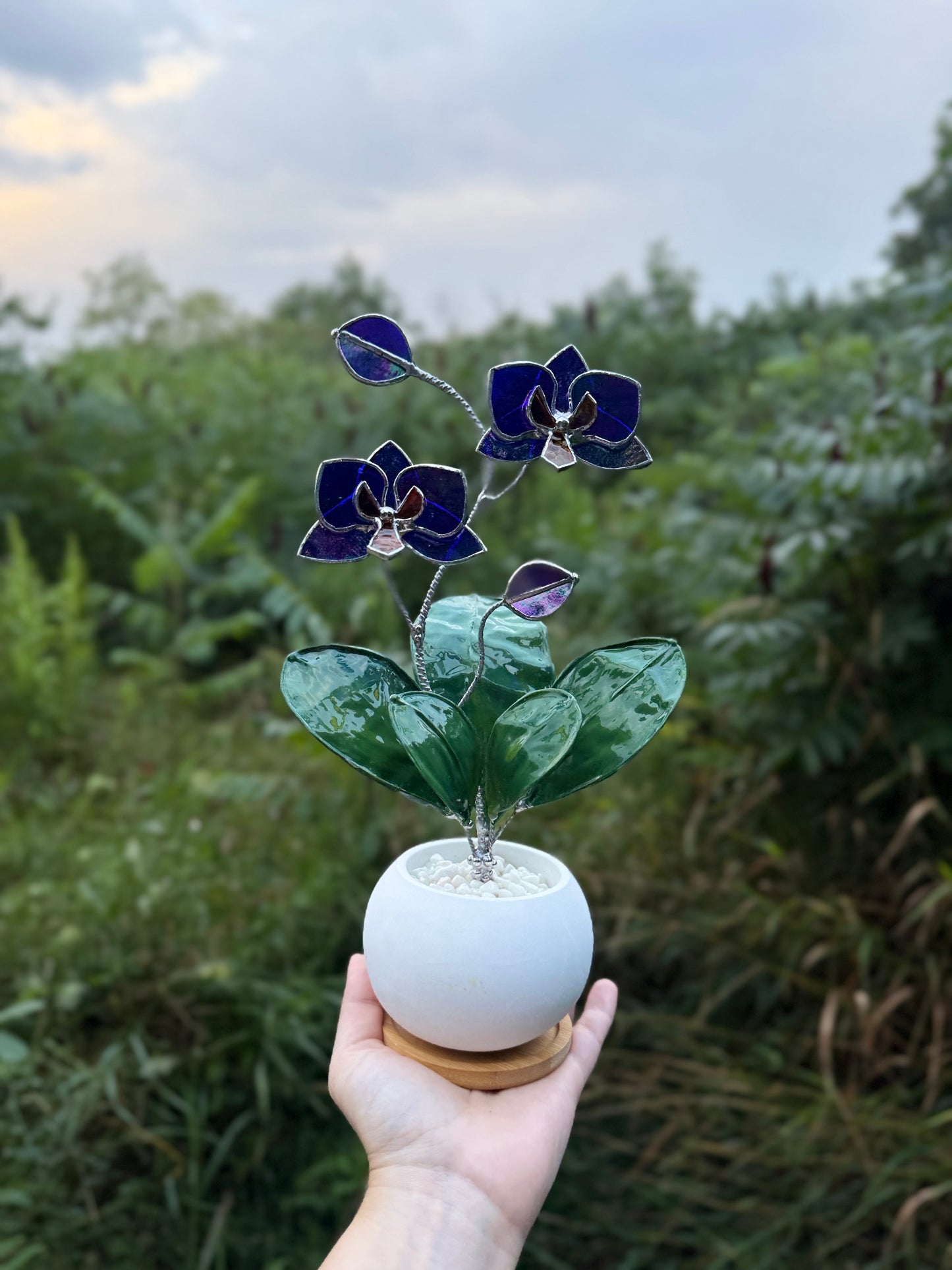 Orchid Indigo iridescent WITH RESIN Hand painted LEAVES Stained Glass 2 flowers in a Pot, Botanical Art Sculpture