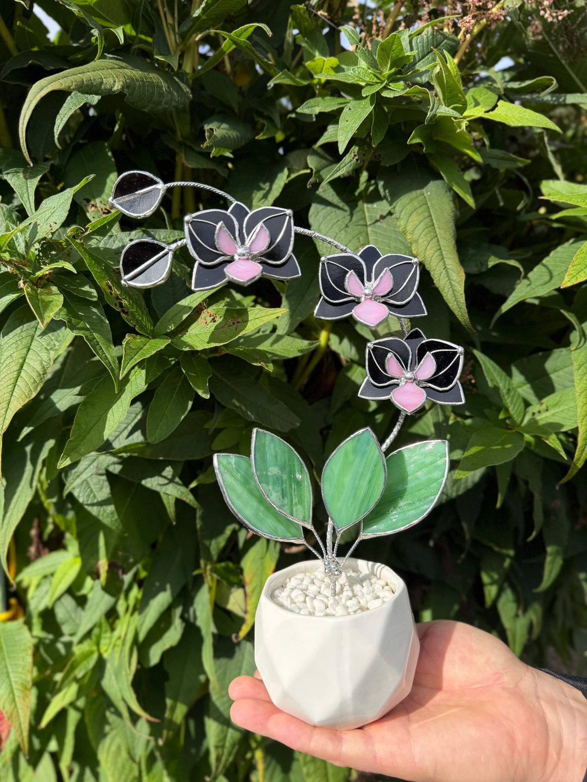 Black Pink Orchid 3 flowers with pot, Stained glass tropical flower, Sun catcher