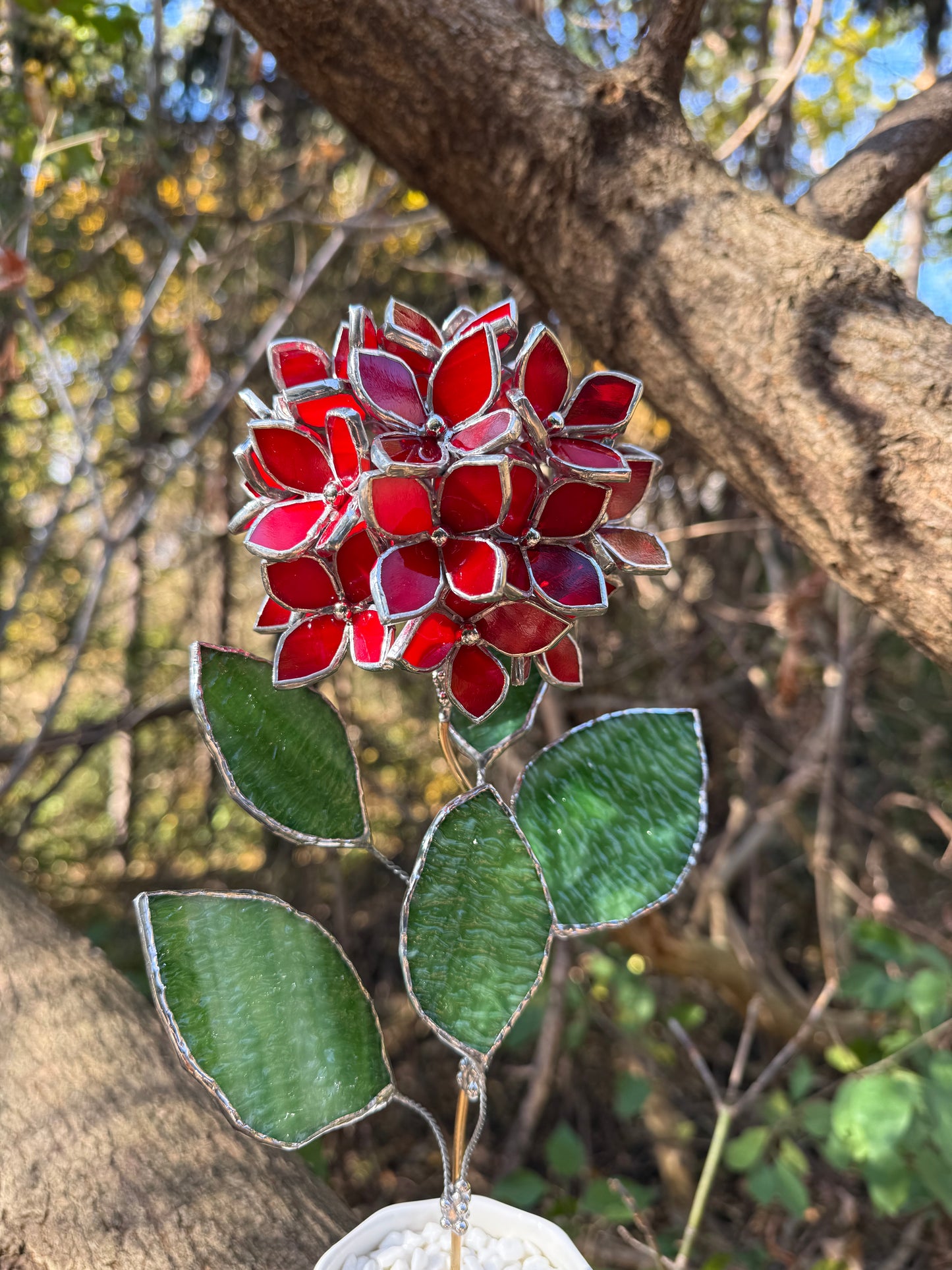 " . Scarlet Hydrangea bunch in the pot”, Stained glass tropical flower 3D, Sun catcher, Table plant, Garden stick, Outdoor and gardening decor