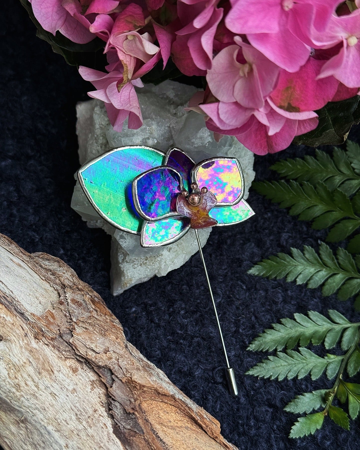 Orchid Brooch Statement Stained Glass Floral Pin, Modern Art Jewelry