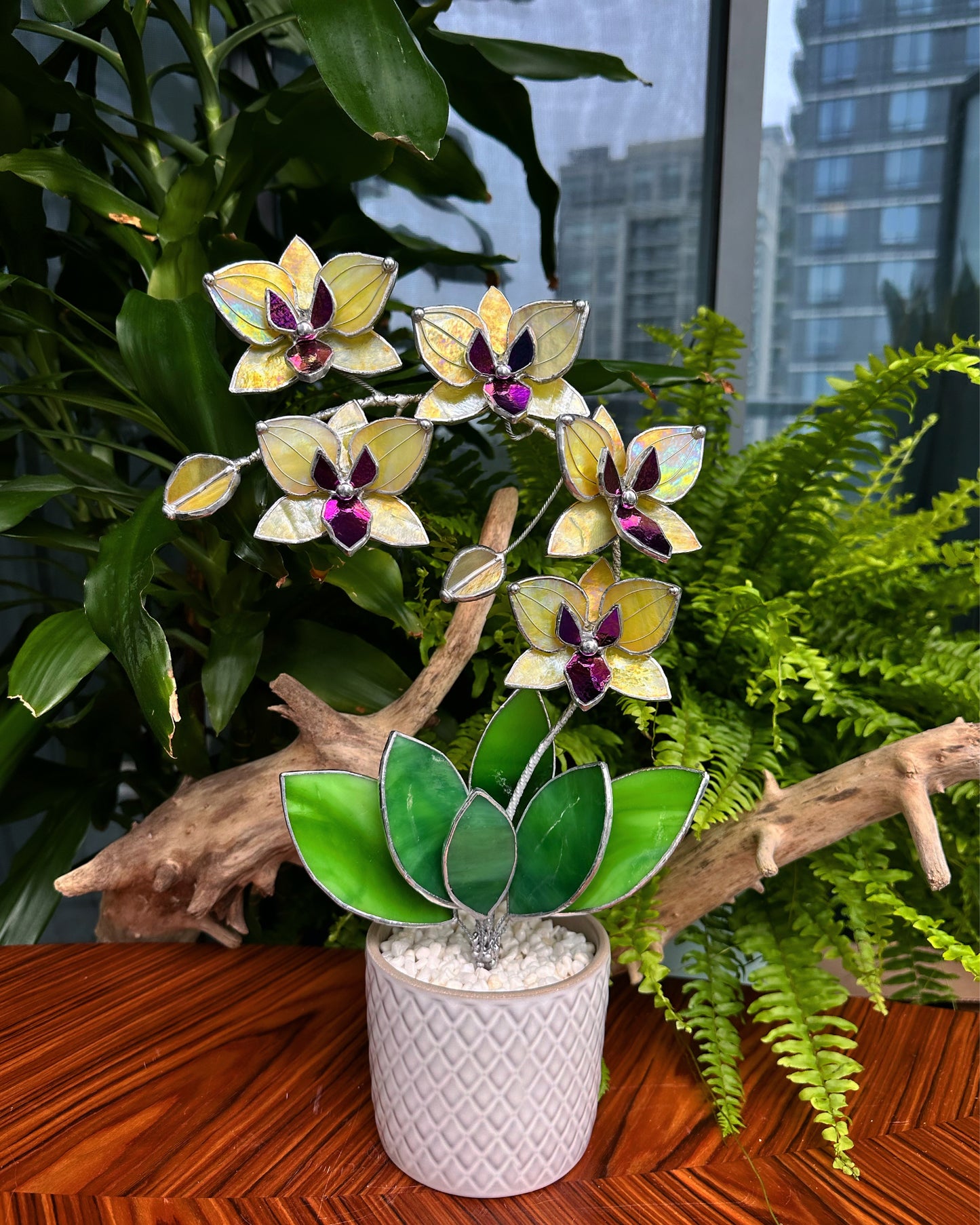 " . Lemon yellow iridescent Orchid XL with pot, 5 flowers, Suncatcher, tropical flowers, Outdoor and gardening, Christmas Wedding gift