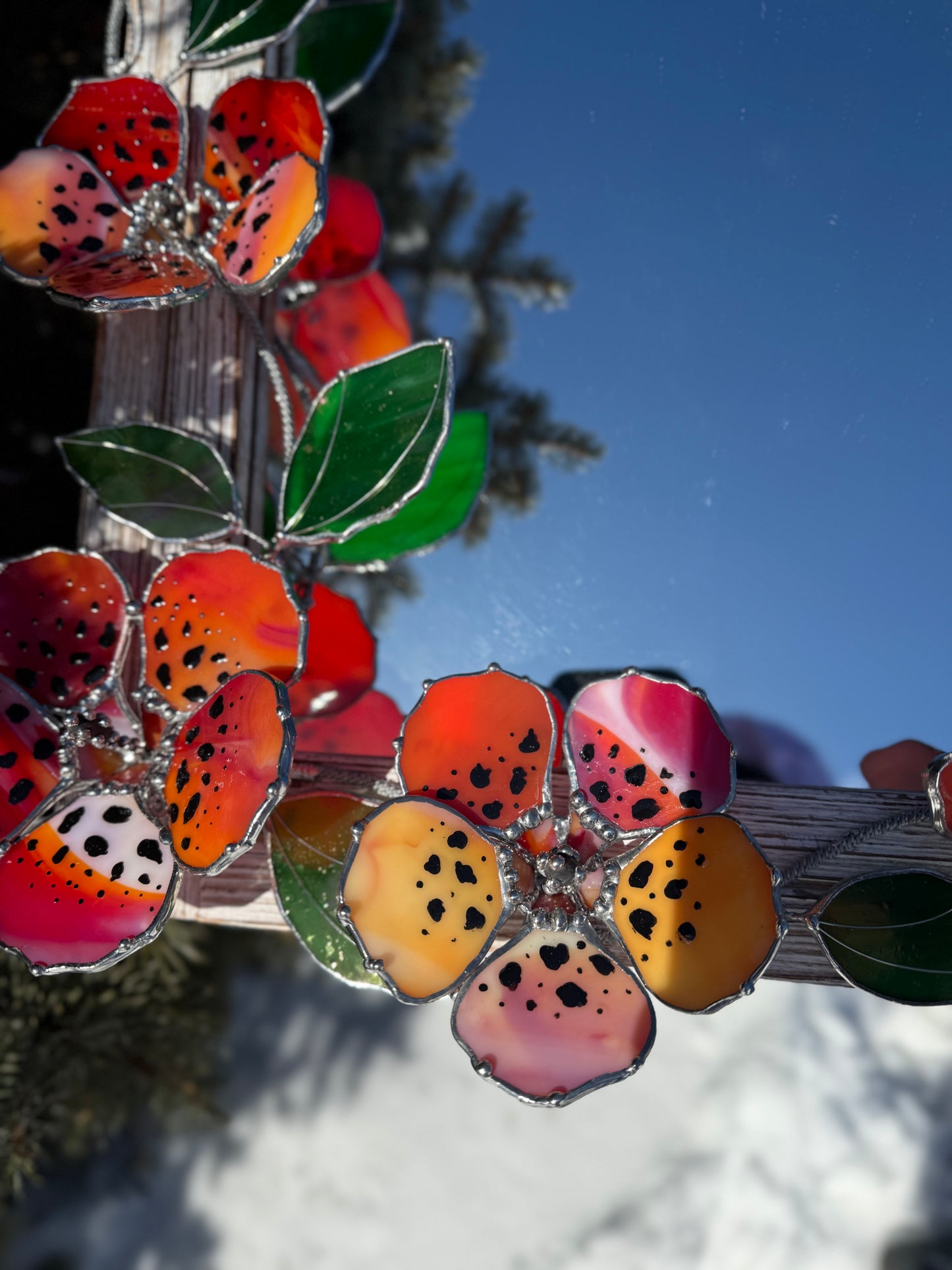 .Tiger Hibiscus Stained glass Wall Mirror, 3D Botanical Floral Art