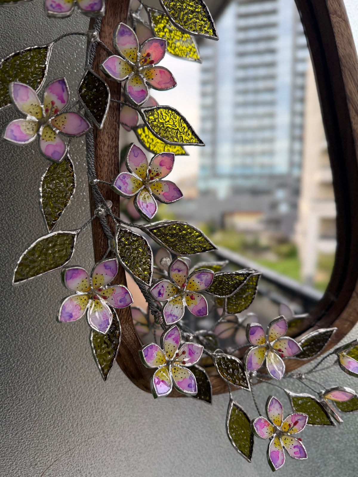 .Tropical Flower Hand Painted Stained glass Flower Mirror, 3D Botanical Floral Wall Art ready new