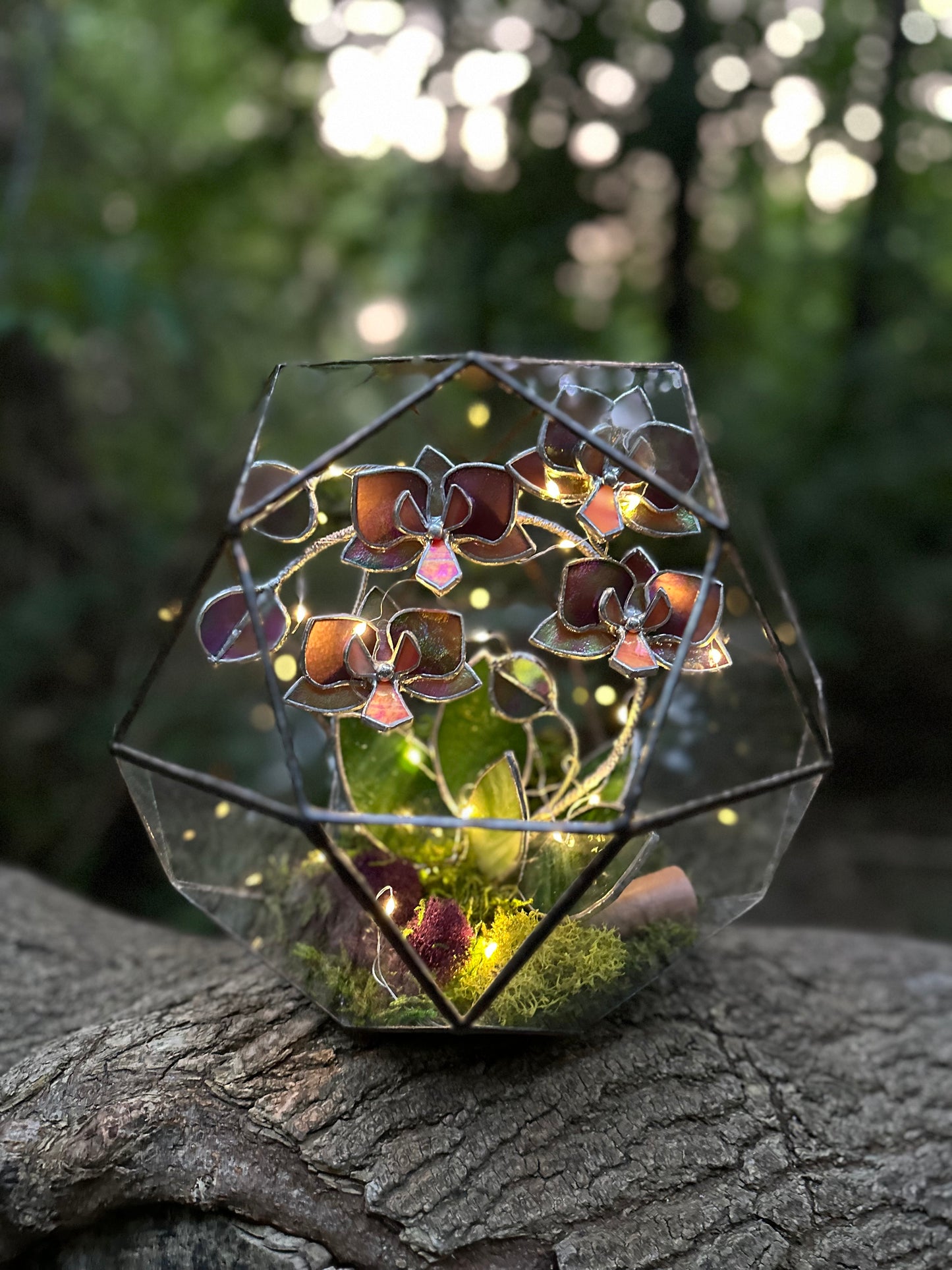 " . Geometric glass 3D terrarium Sphere with stained glass iridescent orchid. Wedding glass decor, Mother’s Day  gift, glass art, suncatcher, succulents, cacti