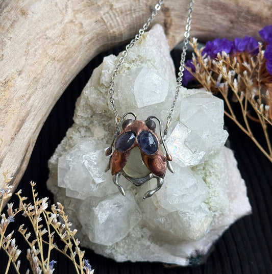 " . Bug necklace Baby Cicada with Blue Iolite & Olive Prehnite”, art jewelry pendant 3D wedding jewelry Mother’s Day gift