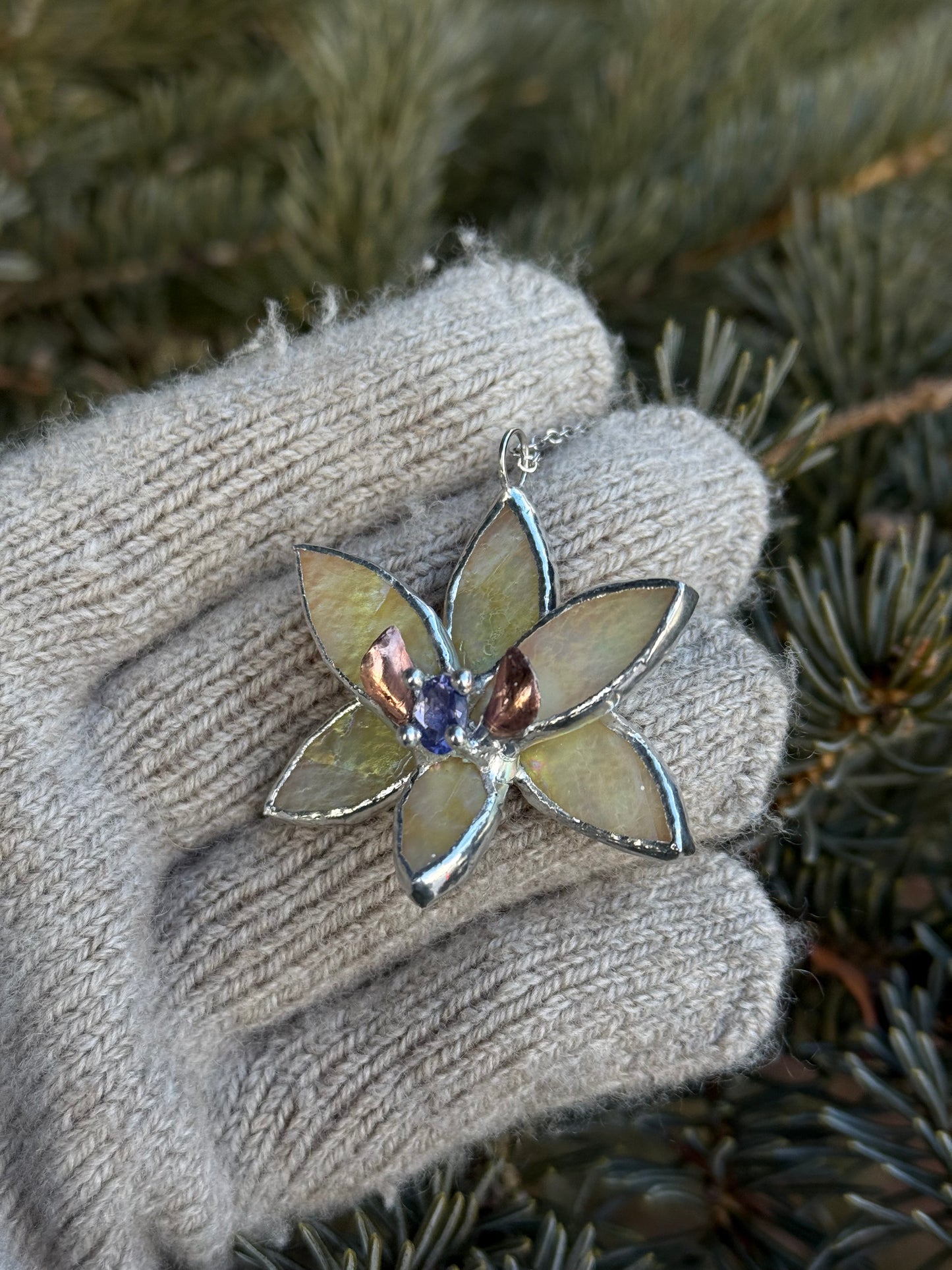 " . Necklace Tropical Orchid Yellow iridescent with Blue Iolite ” Stained glass tropical flower 3D, art jewelry