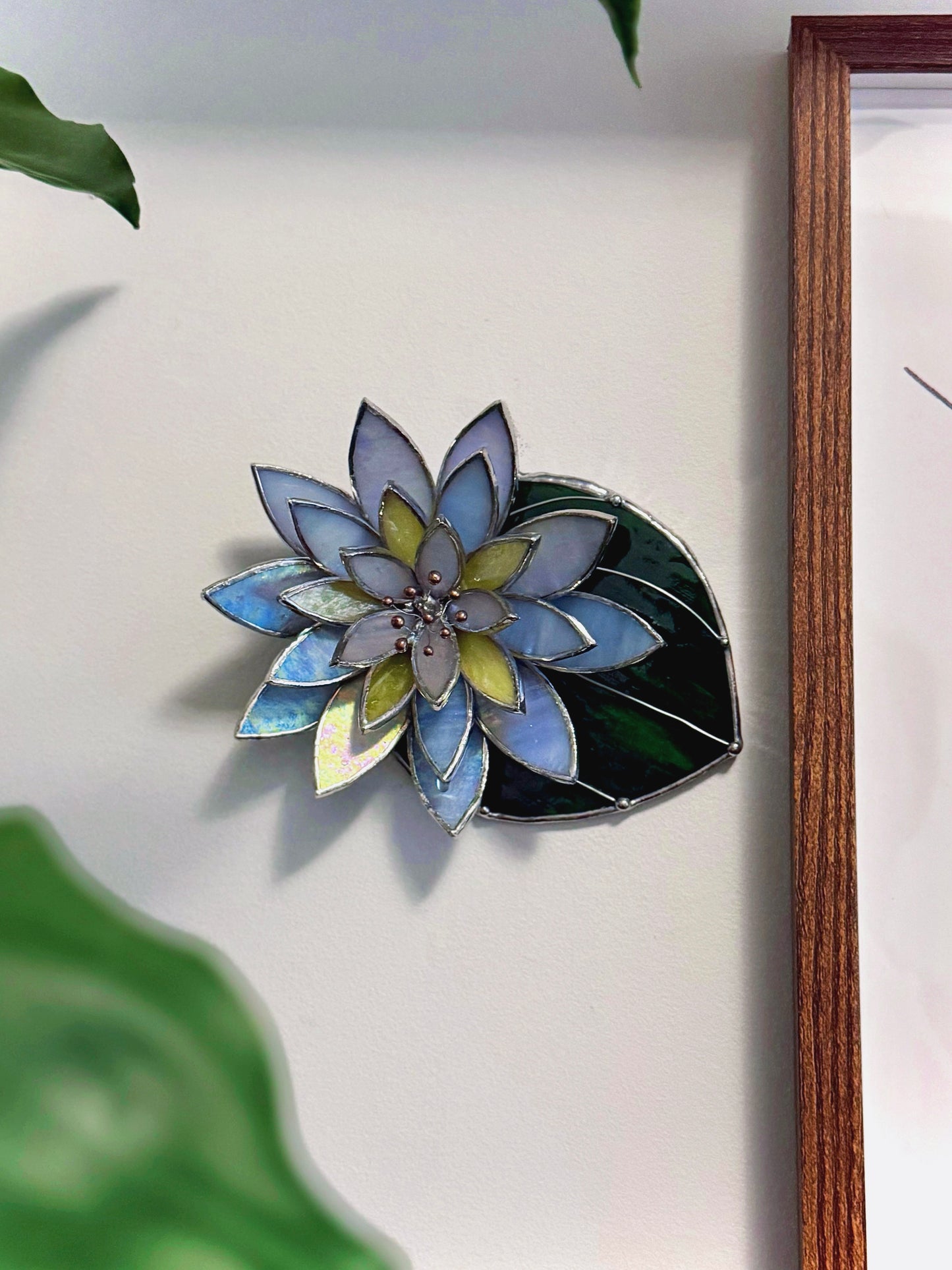 " .  Wall decoration Lavender iridescent Water Lily with leaf" Stained glass table decor, suncatcher, succulents sale