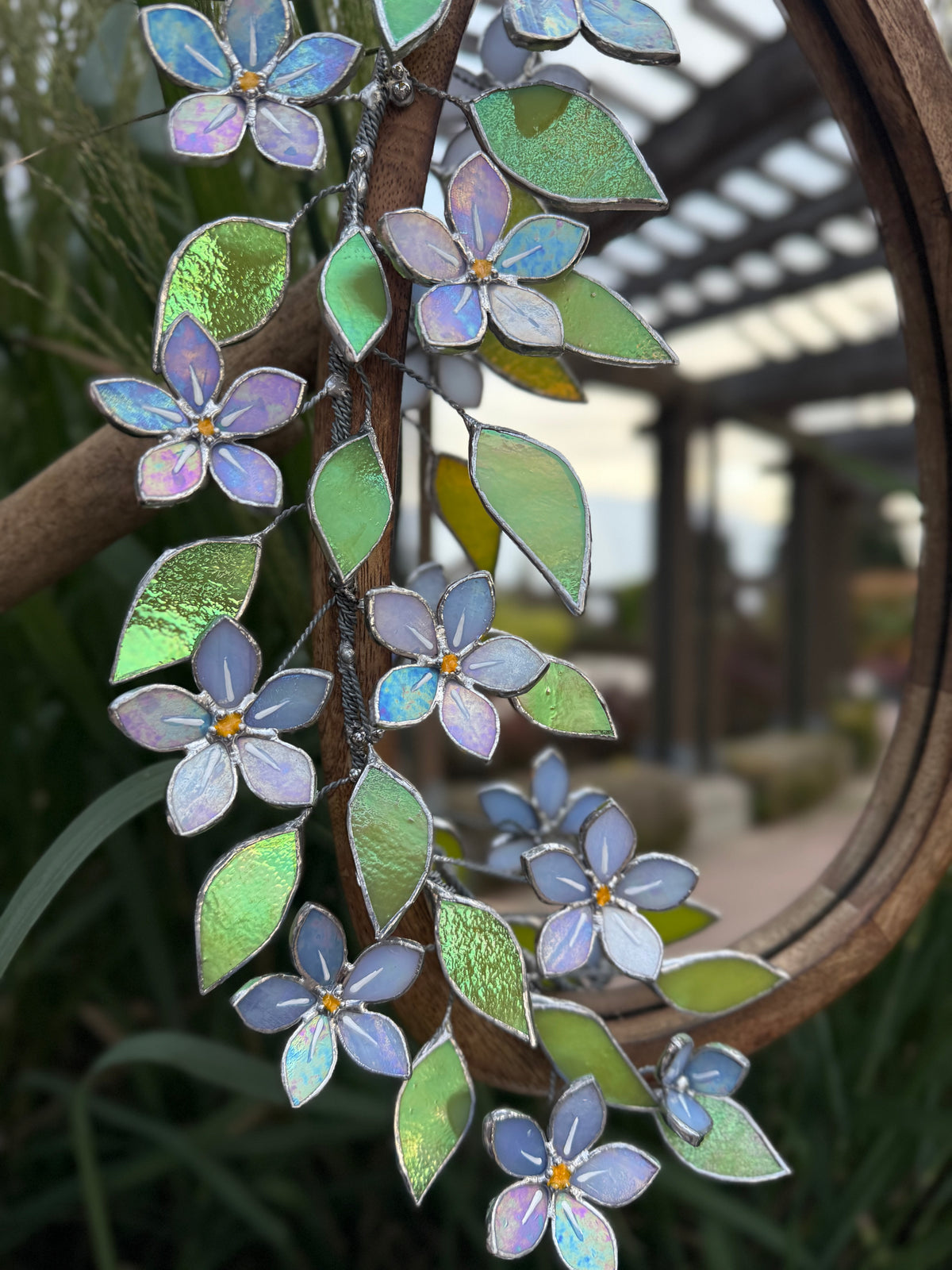 Forget Me Not iridescent Stained glass Flower Mirror, 3D Botanical Floral Wall Art ready new