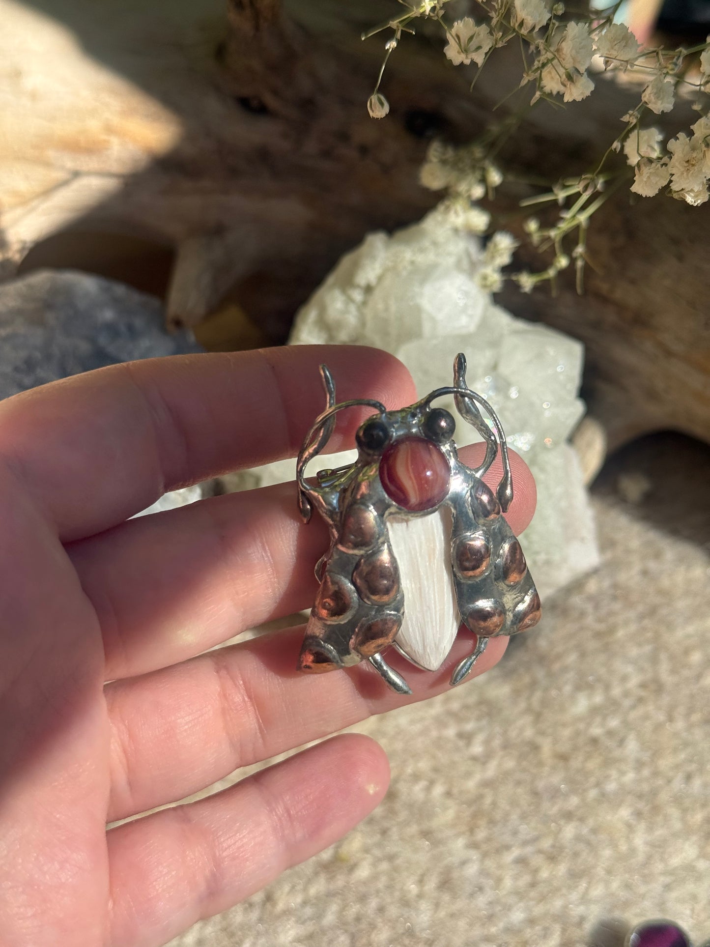 Brooch Tiger Moth with Palm Stone & Fused Glass, Gemstone Jewelry stone new