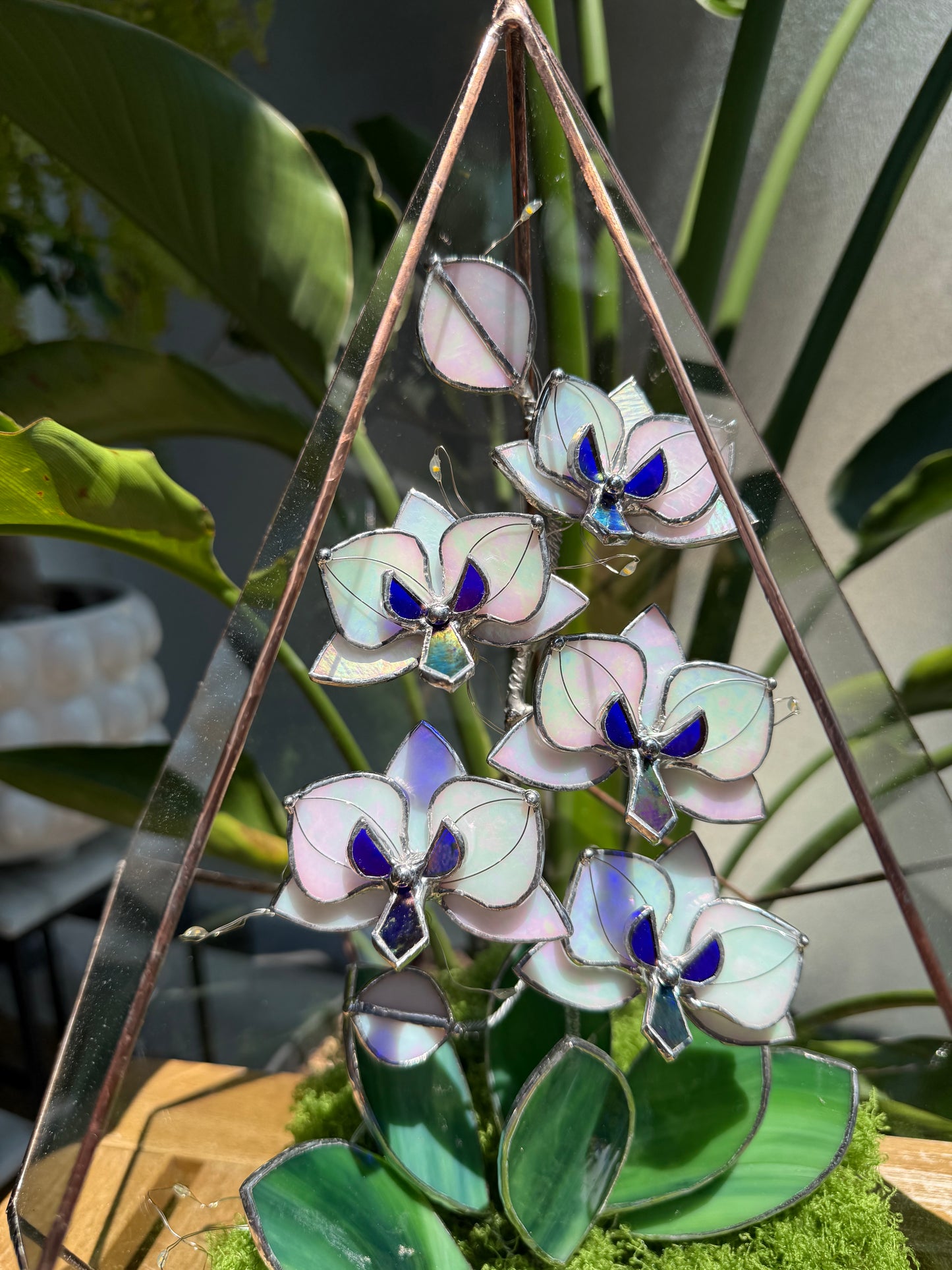 .CHOOSE COLOR Handcrafted Geometric glass 3D terrarium Teardrop with stained glass orchid
