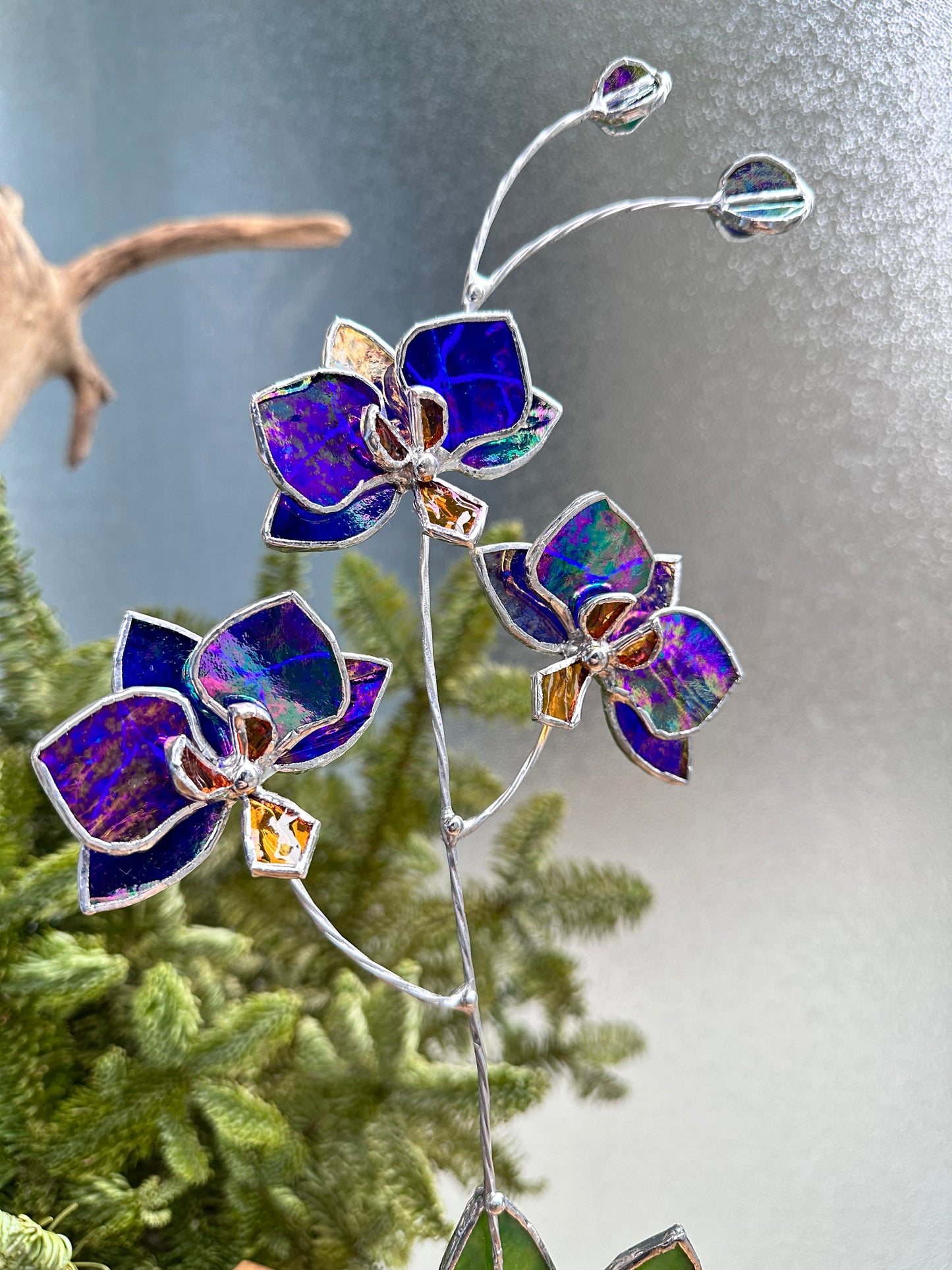 ".Orchid flower “Indigo iridescent", Stained glass Suncatcher flower 3D, plant, Wedding Christmas Gift , Outdoor decor