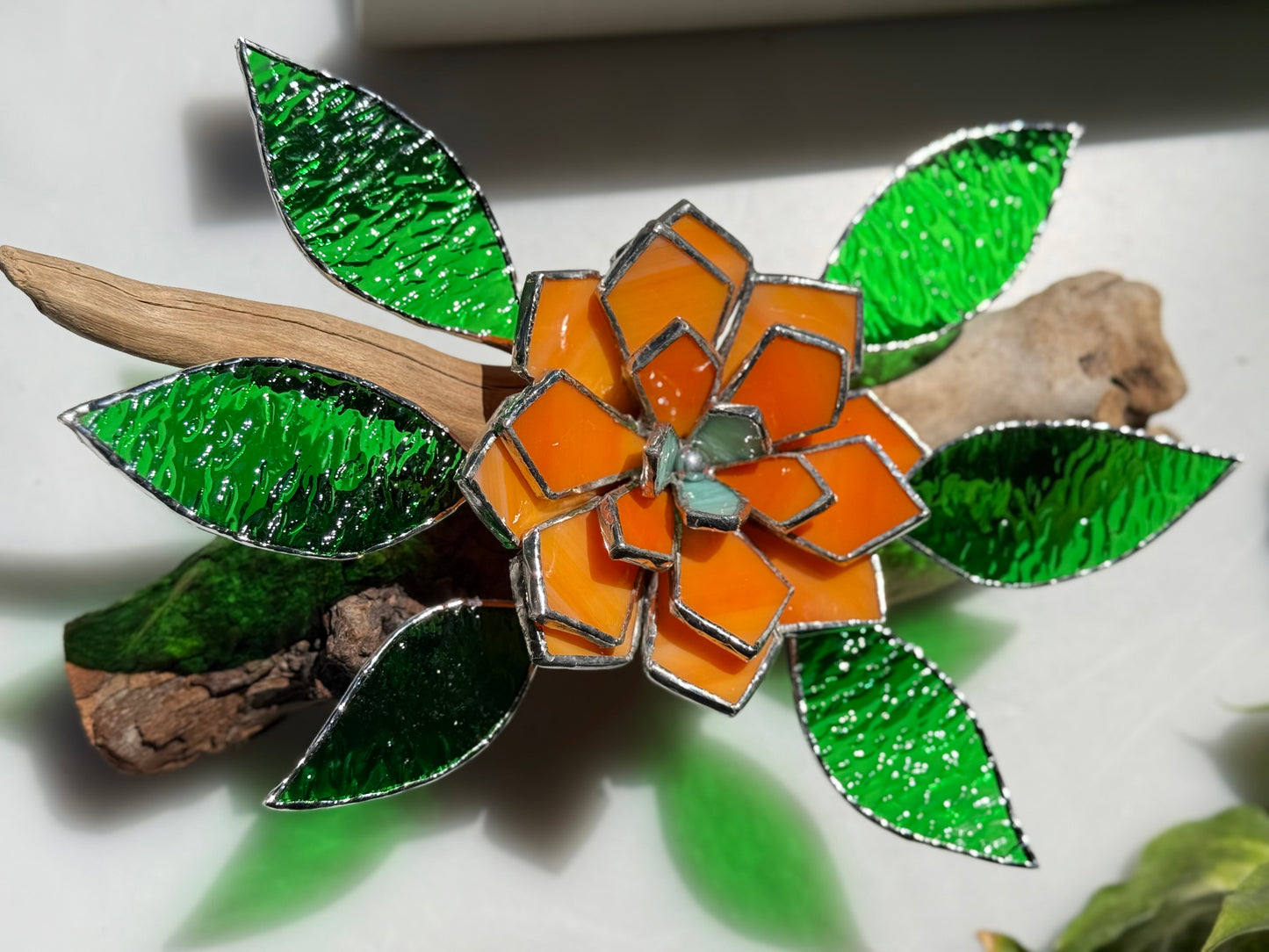 .Tropical flower Stained Glass Driftwood Wall Decor Suncatcher