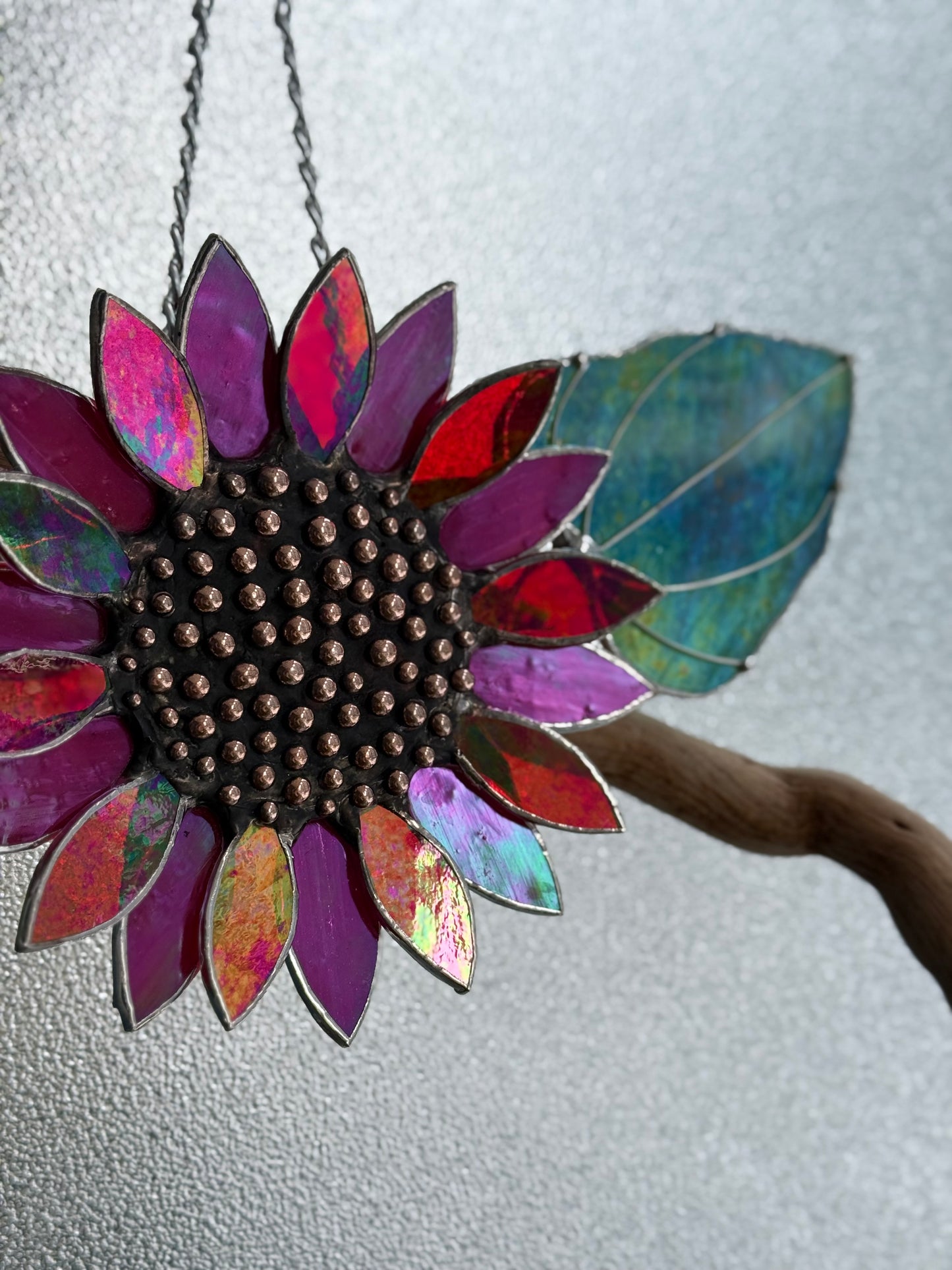 "  . Sunflower Red iridescent", stained glass wall decor, tropical flower 3D, Sun catcher, Plant decor