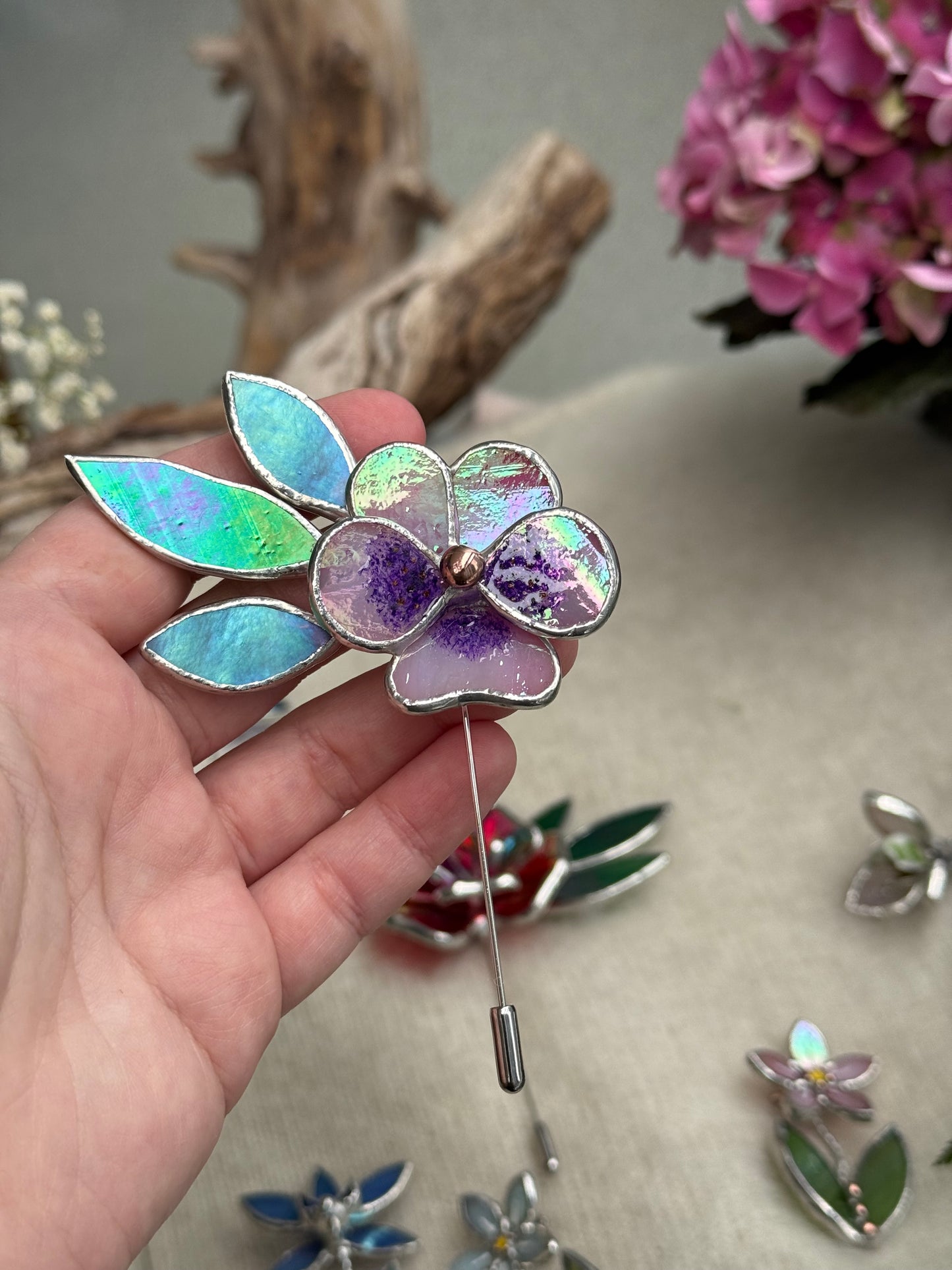 Pansy Brooch Statement Stained Glass Floral Pin, Modern Art Jewelry