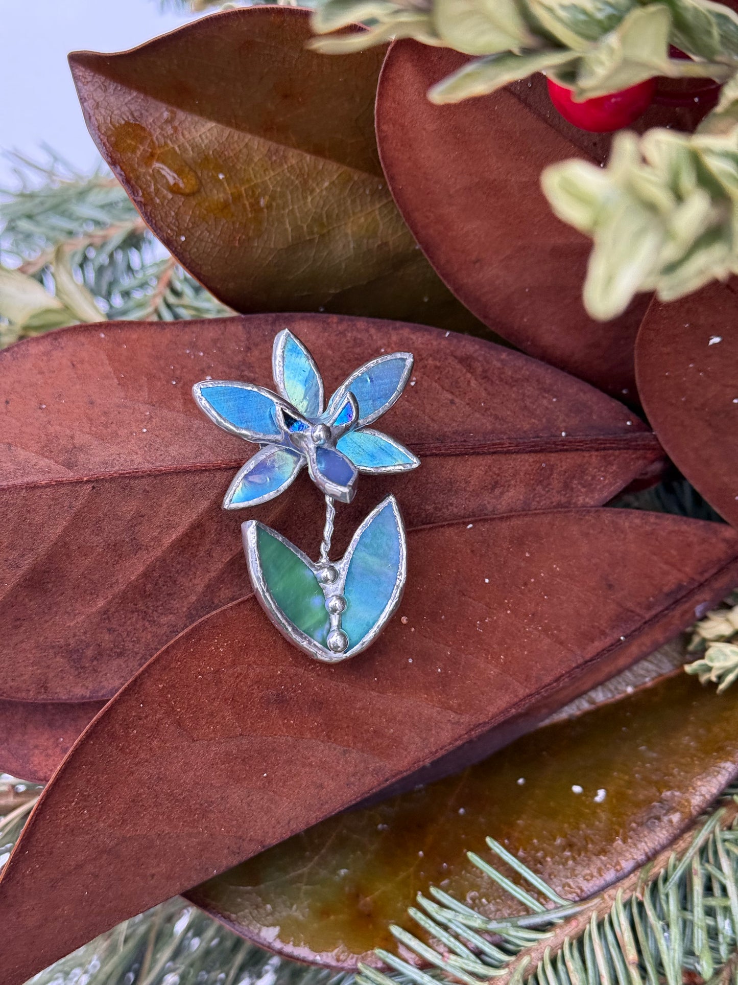 Orchid Blue lumi Brooch Stained Glass Floral Pin, Modern Art Jewelry statement ready new