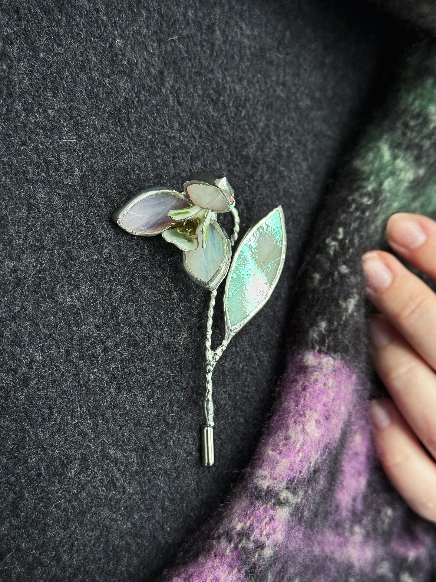 Snowdrop Brooch Statement Stained Glass Floral Pin, Modern Art Jewelry