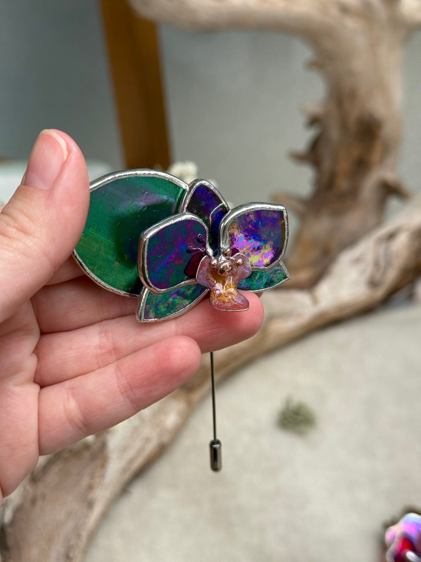 Orchid Brooch Statement Stained Glass Floral Pin, Modern Art Jewelry