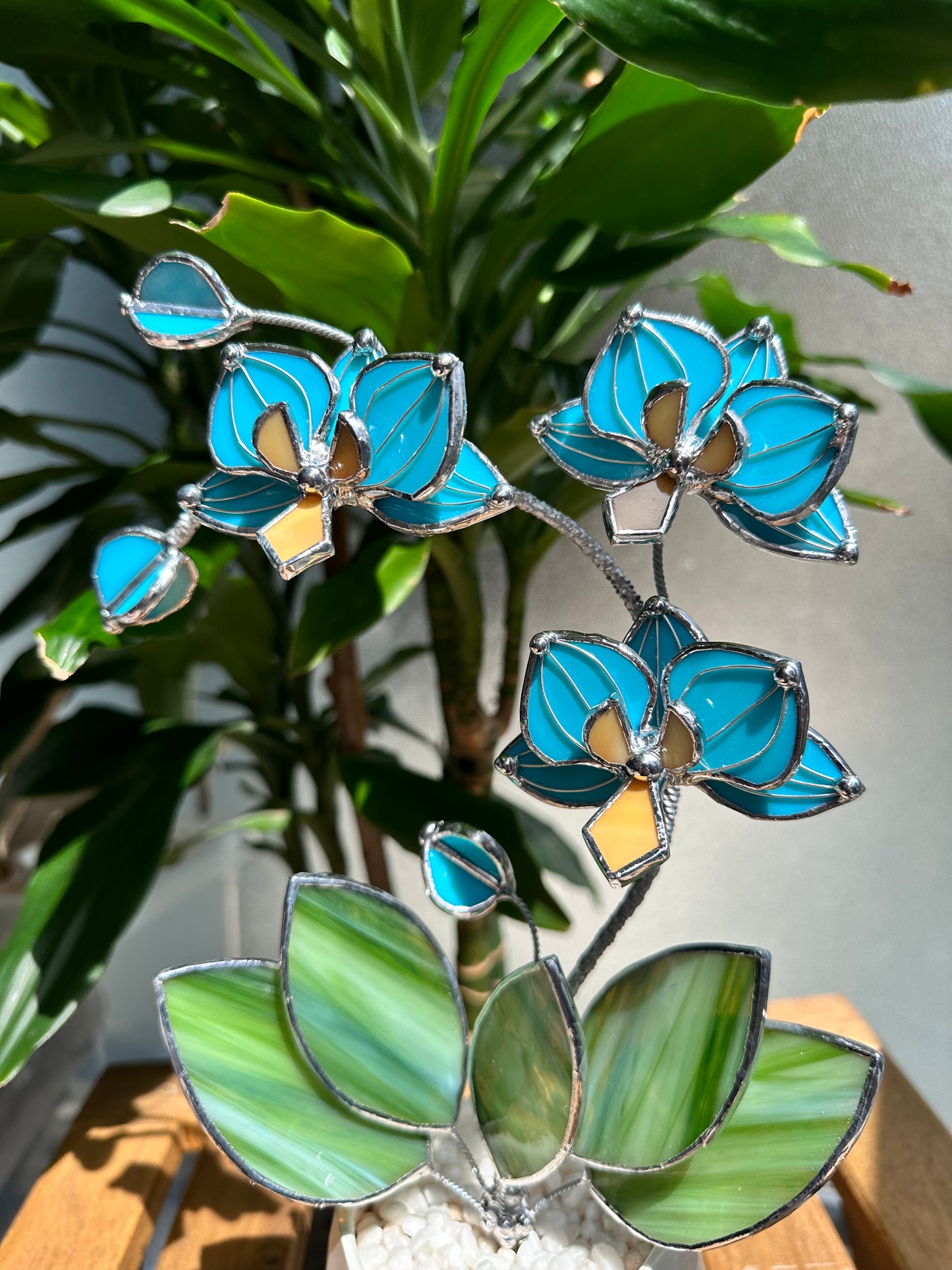 " . Tiffany turquoise Orchid 3 flowers with pot” Stained glass tropical flower 3D, Sun catcher, Table plant, Garden stick, Outdoor and gardening decor, available