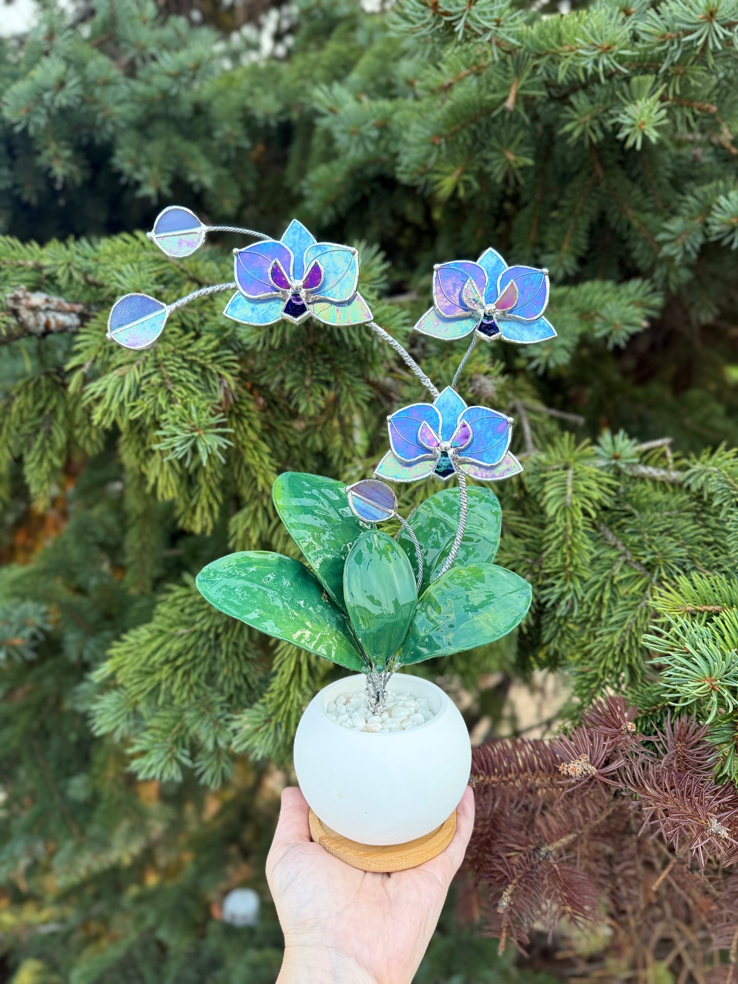 Orchid Lavender Blue Stained Glass WITH Hand Painted RESIN LEAVES, 3 Flowers, Botanical Table Decor