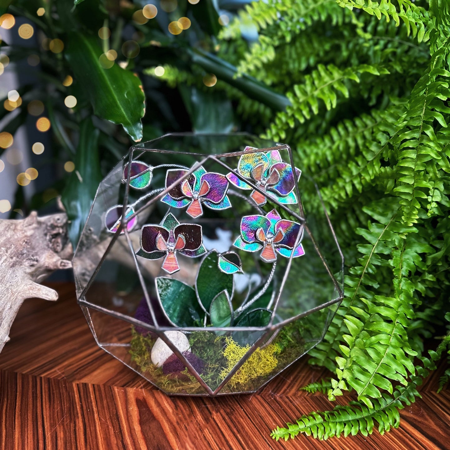 " . Geometric glass 3D terrarium Sphere with stained glass iridescent orchid. Wedding glass decor, Mother’s Day  gift, glass art, suncatcher, succulents, cacti