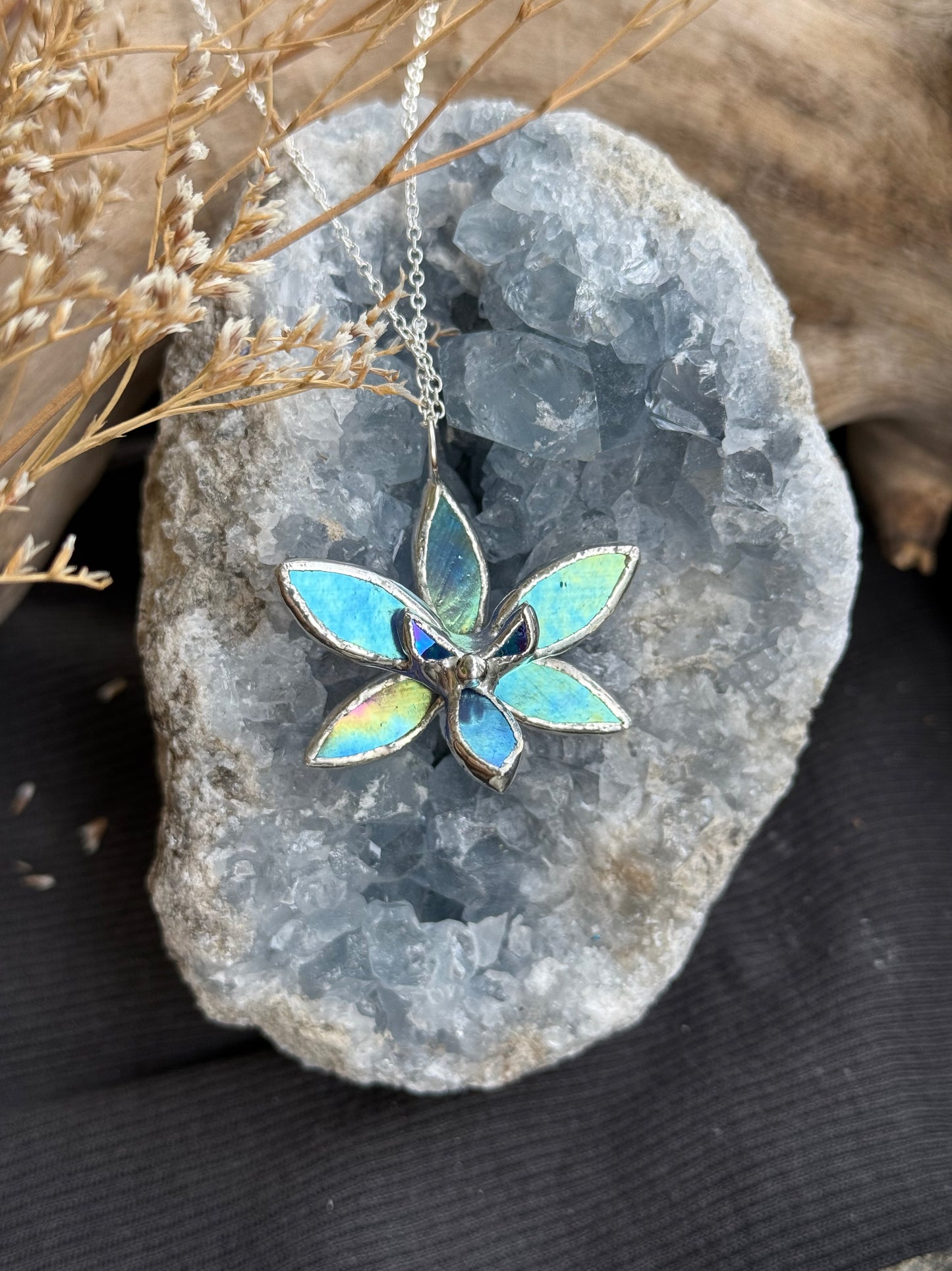 " . Necklace Tropical Orchid Lilac irid” Stained glass tropical flower 3D, art jewelry